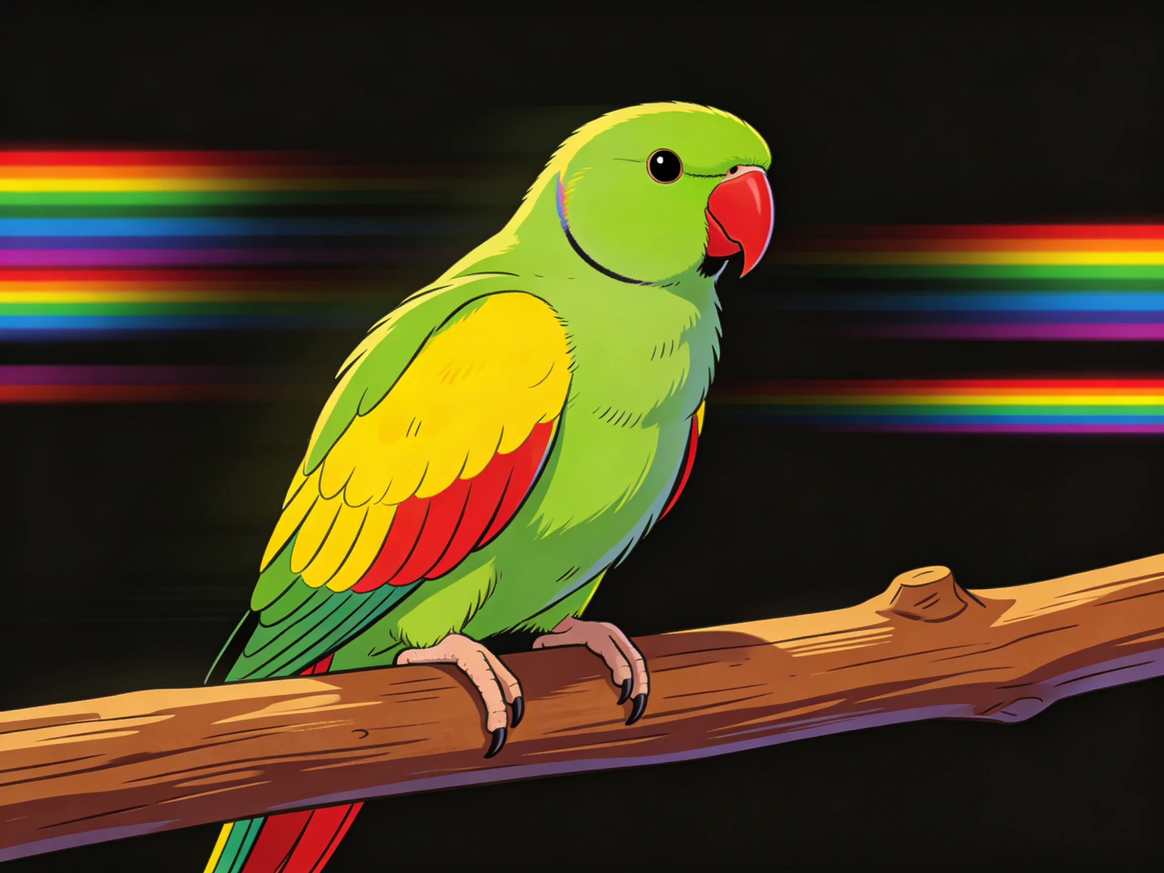 A vibrantly colored parrot with multicolored wings perched on a wooden branch