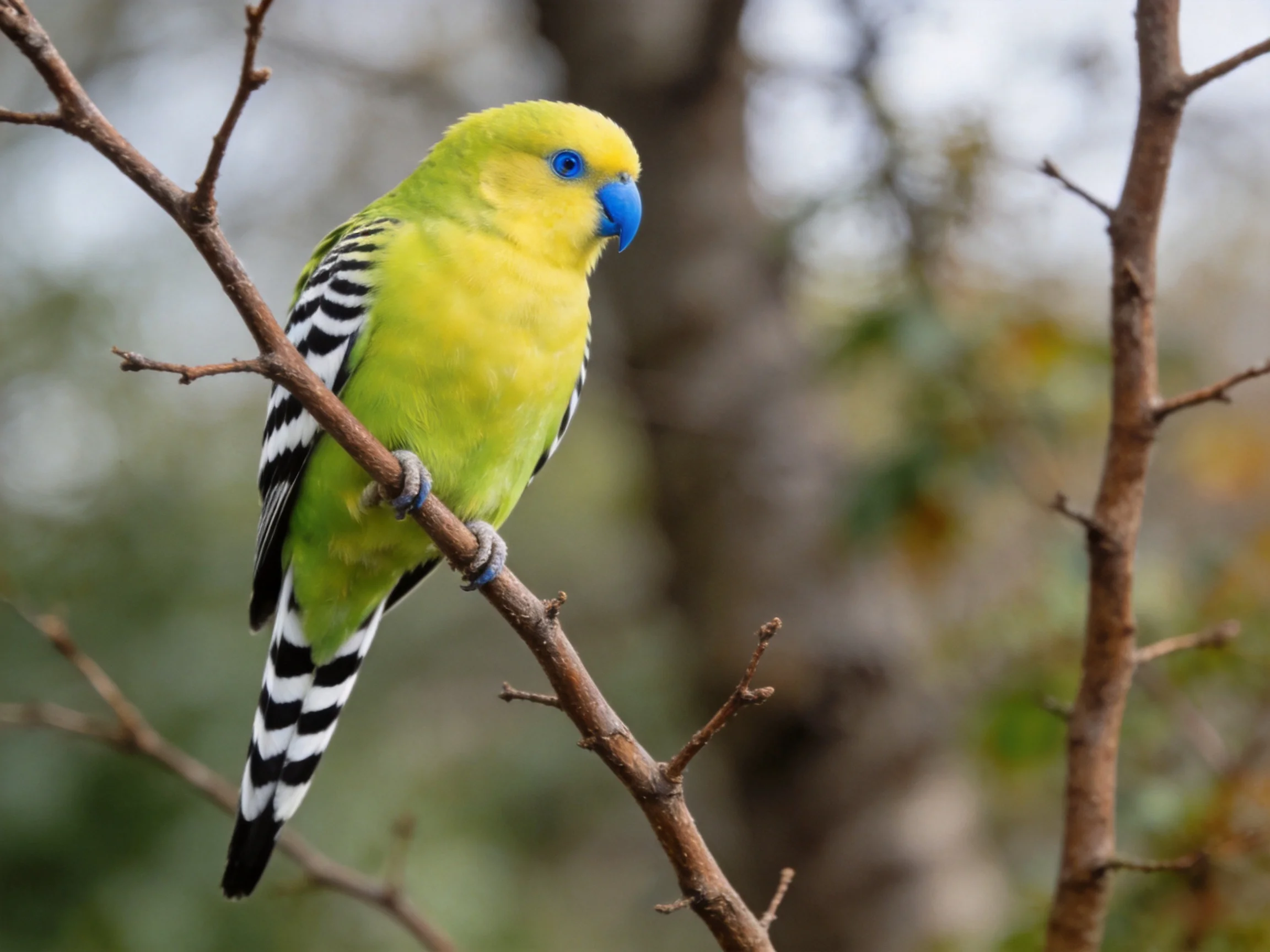 A vibrantly colored parrot with yellow-green feathers and blue beak perched on a bare branch