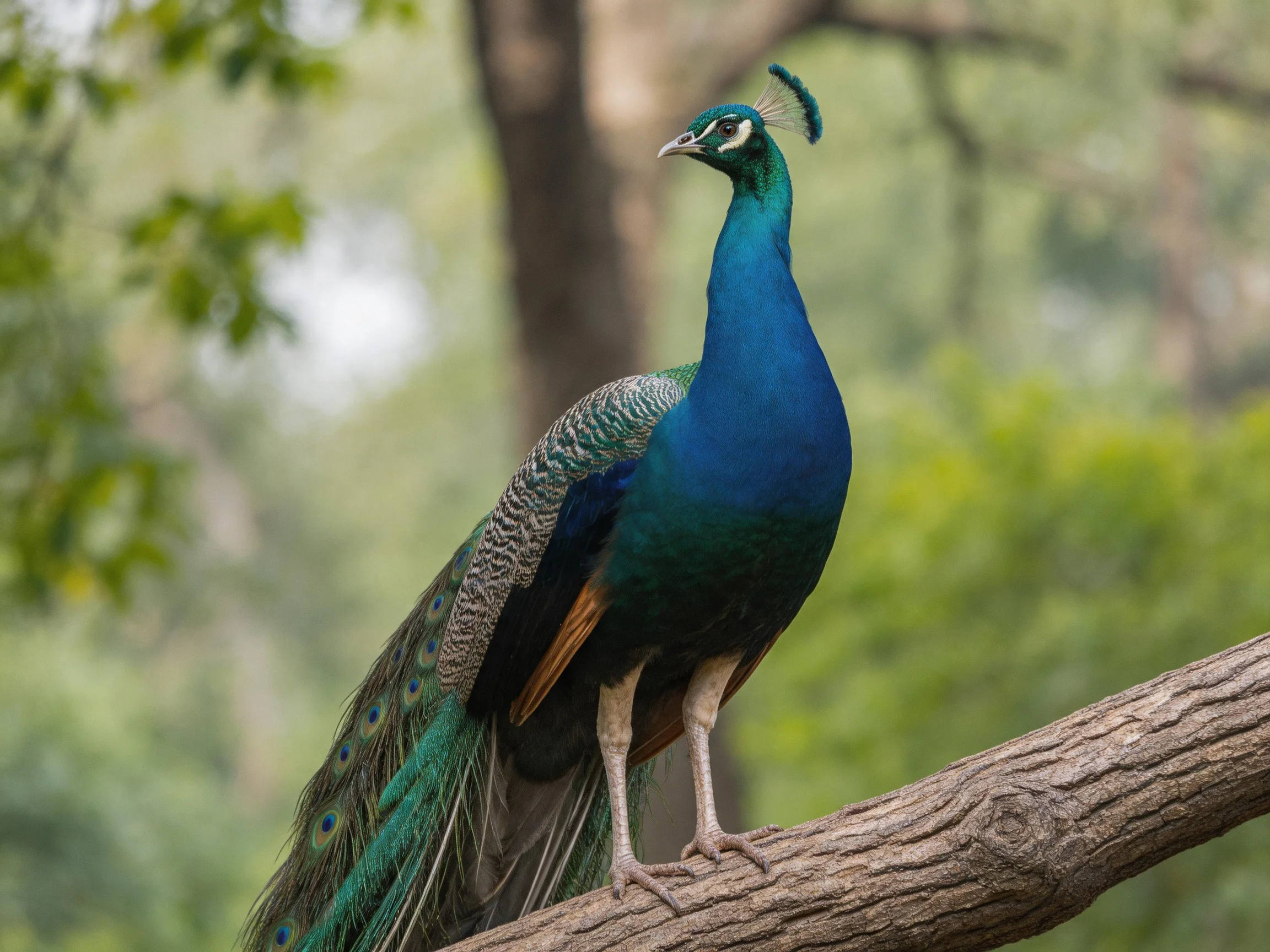 A vibrantly colored peacock perched on a tree branch