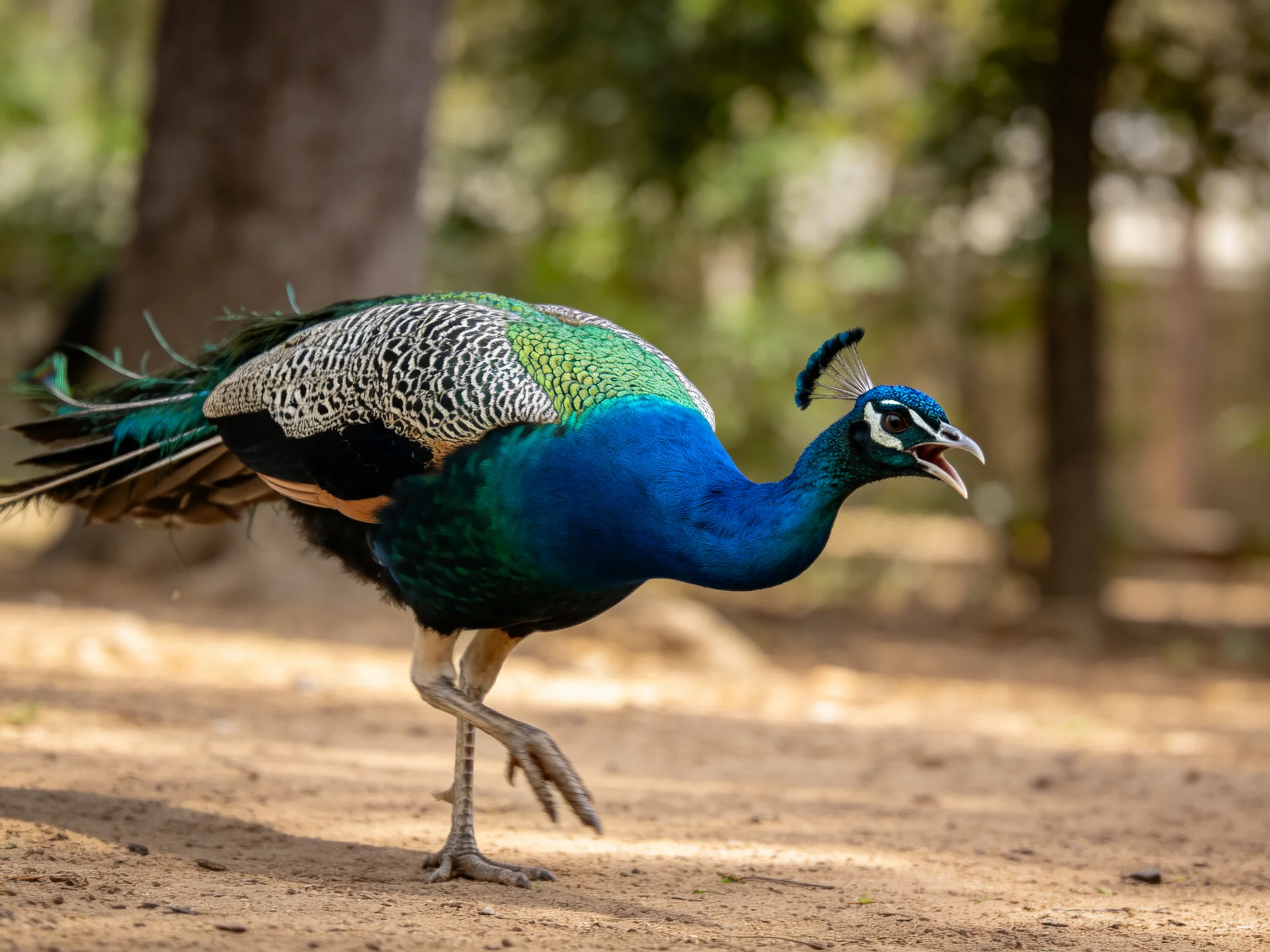 A vibrantly colored peacock with blue and green plumage walks on sandy ground near trees