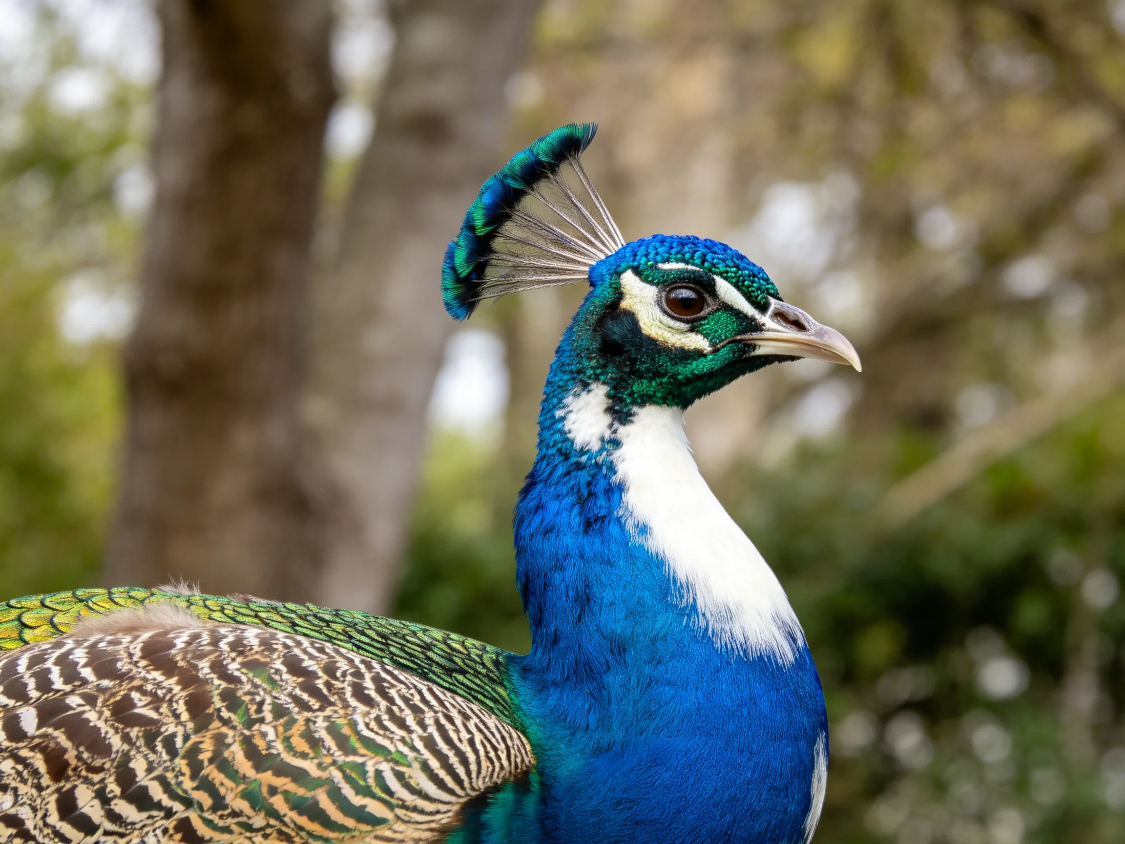 A vibrantly colored peacock with iridescent crest and patterned wings