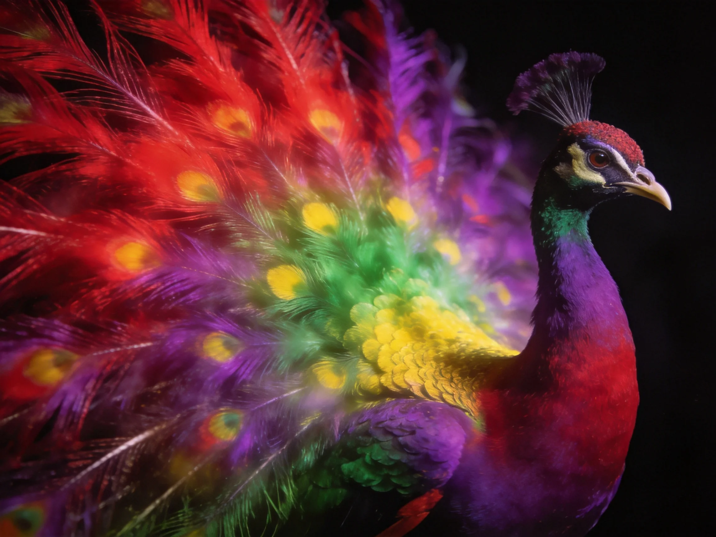 A vibrantly colored peacock with multicolored tail feathers