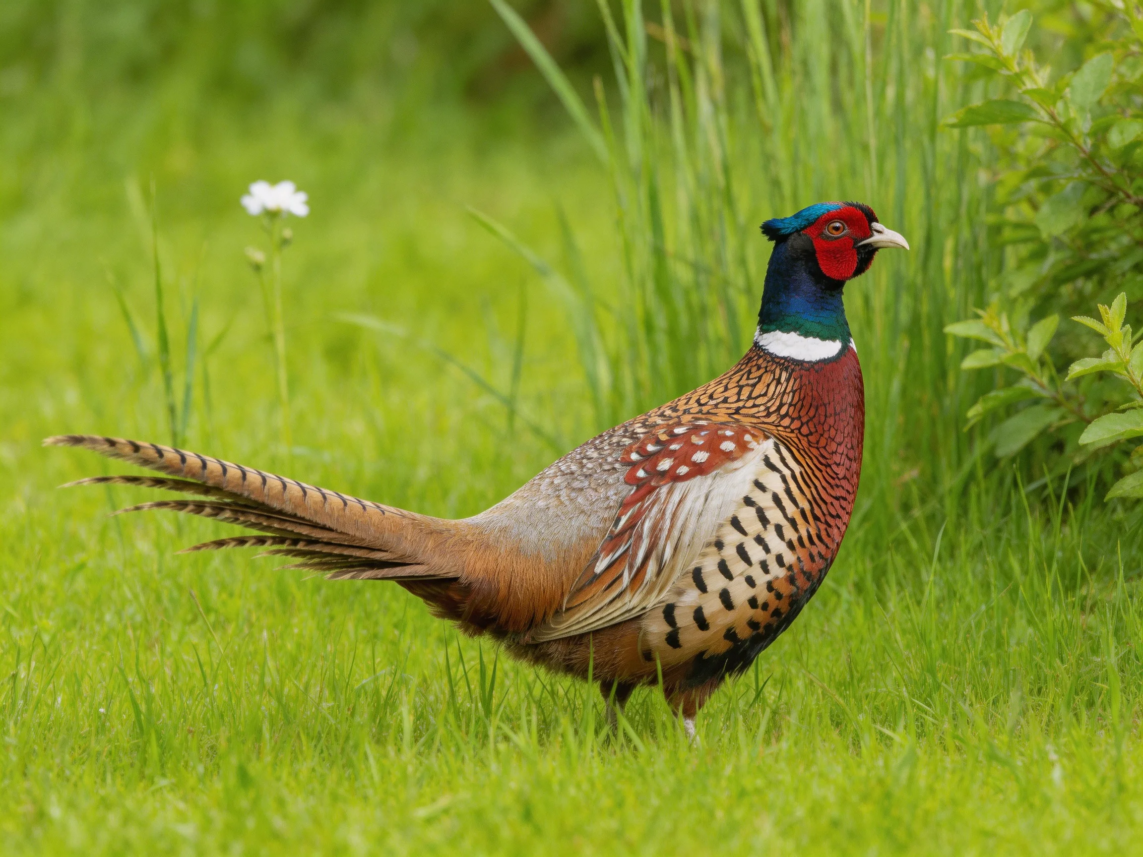 A vibrantly colored pheasant stands amidst lush green grass