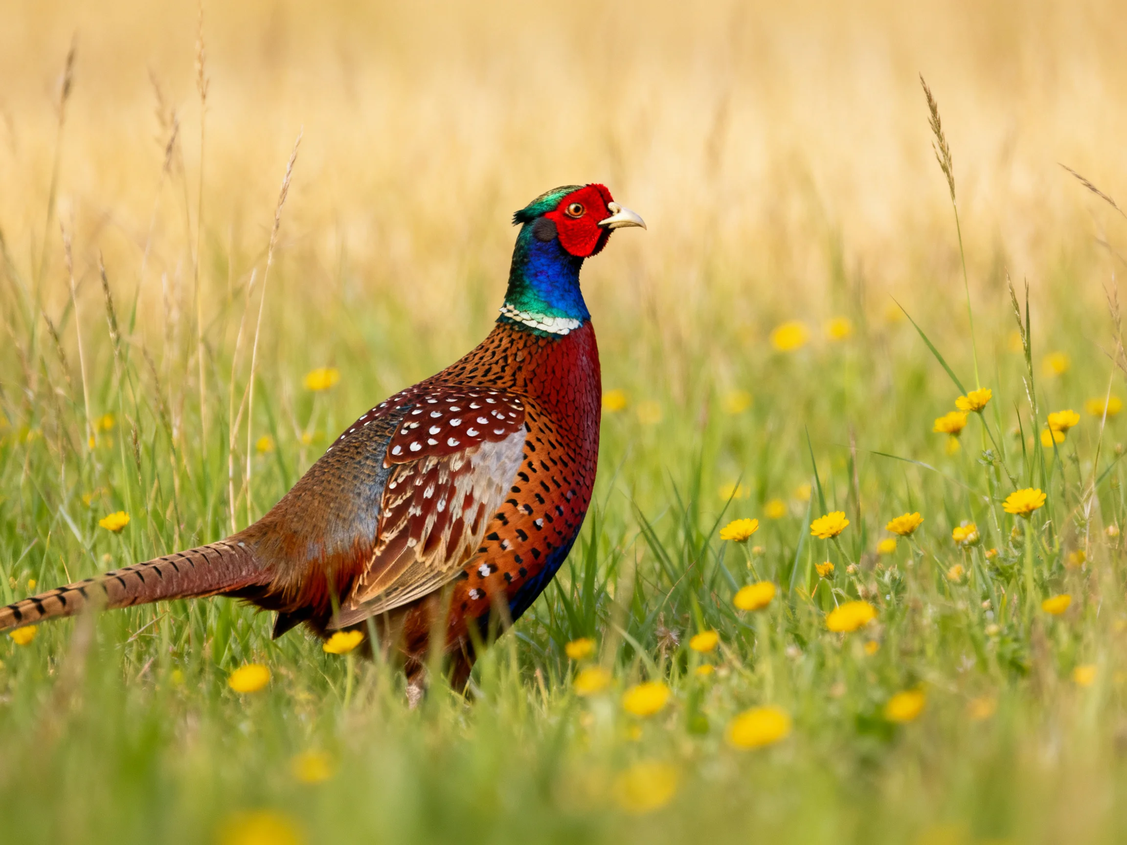 A vibrantly colored pheasant stands among yellow wildflowers in tall grass