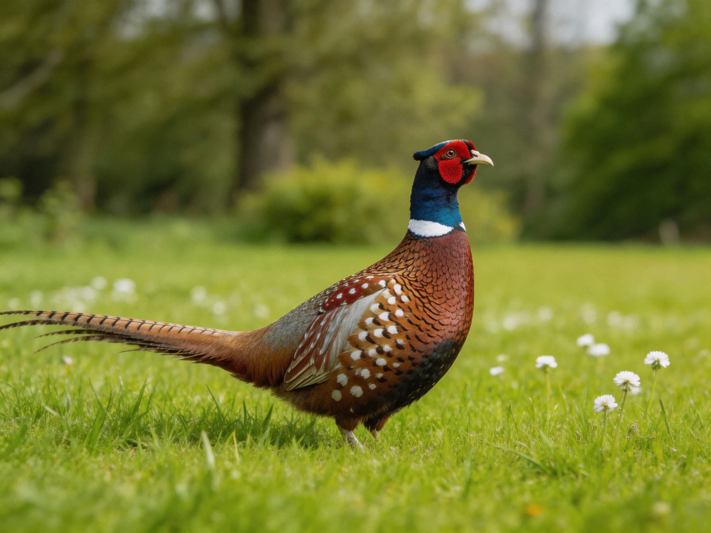A vibrantly colored pheasant stands in a lush green meadow