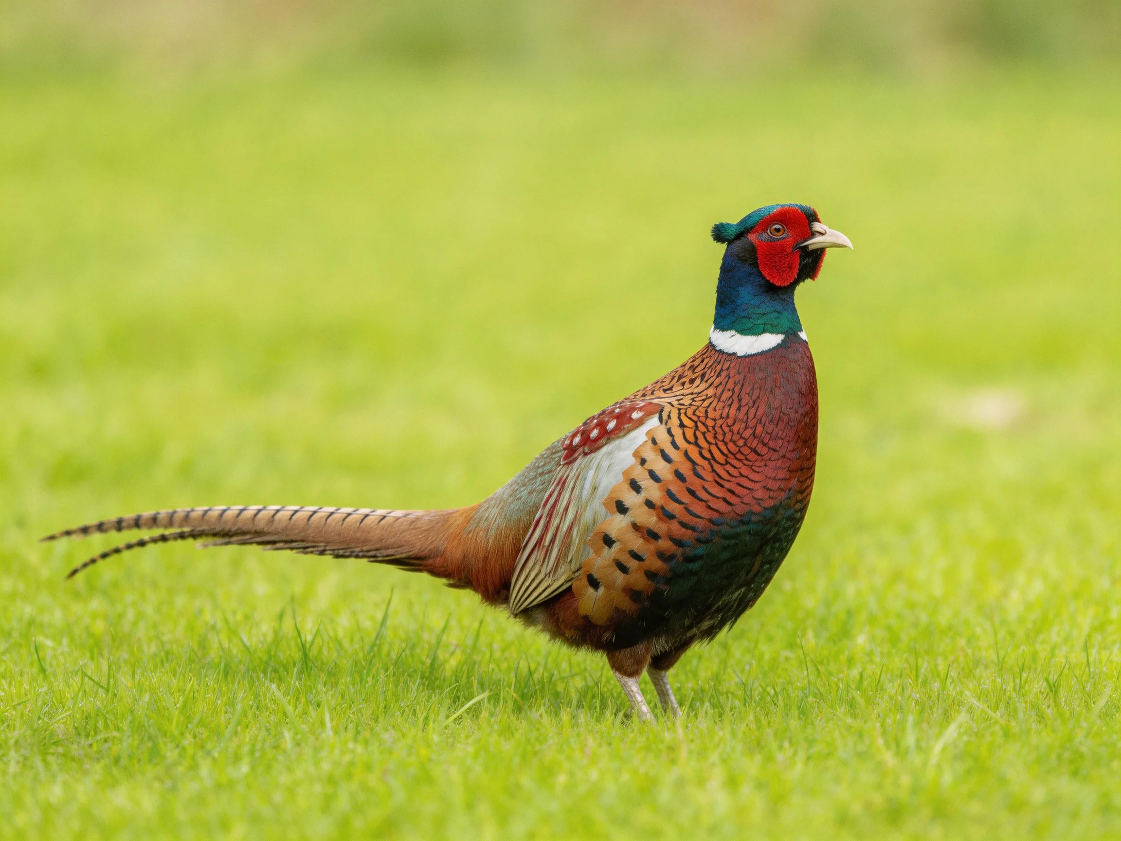 A vibrantly colored pheasant stands on lush green grass