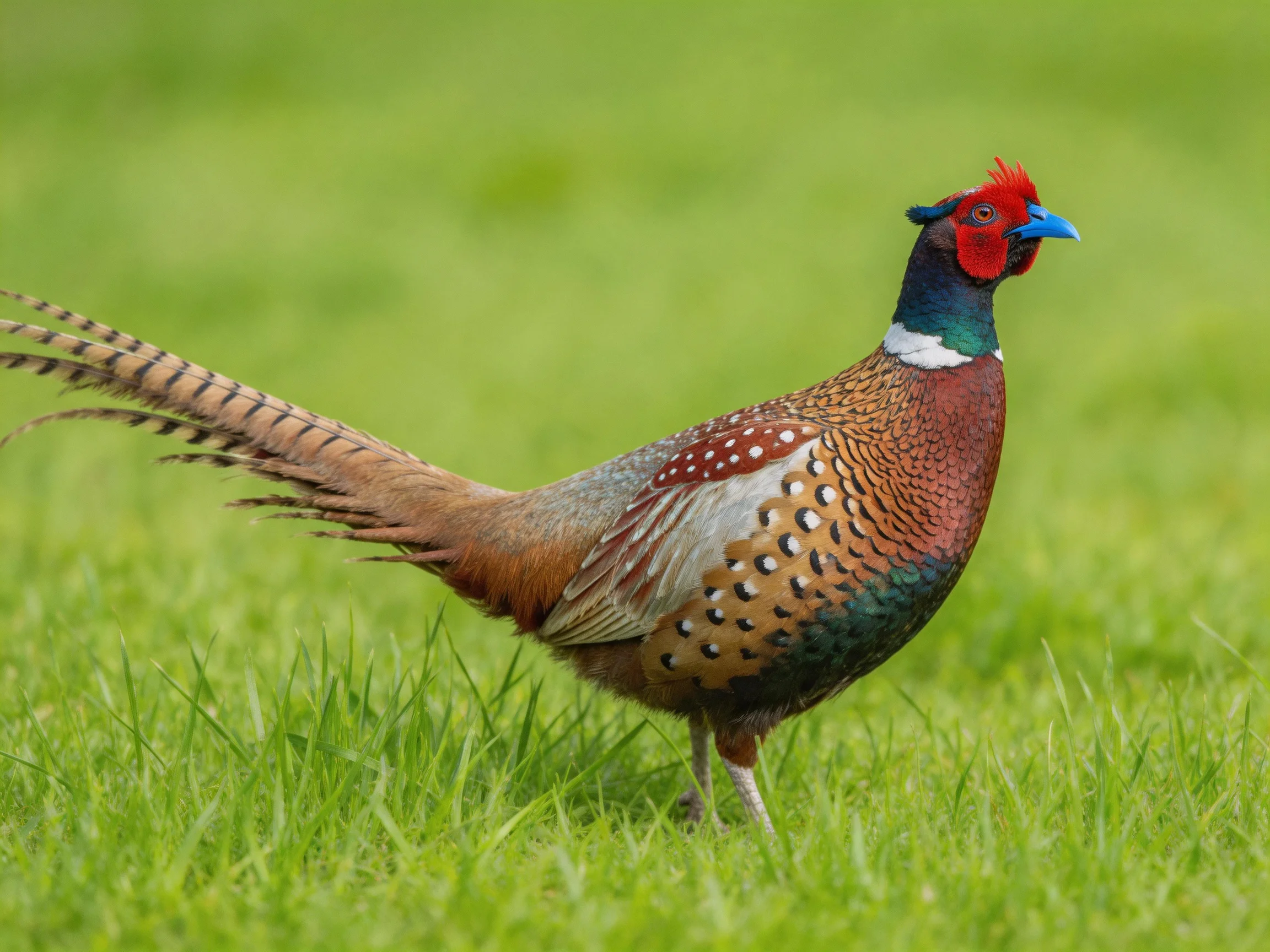 A vibrantly colored pheasant with elaborate plumage on green grass