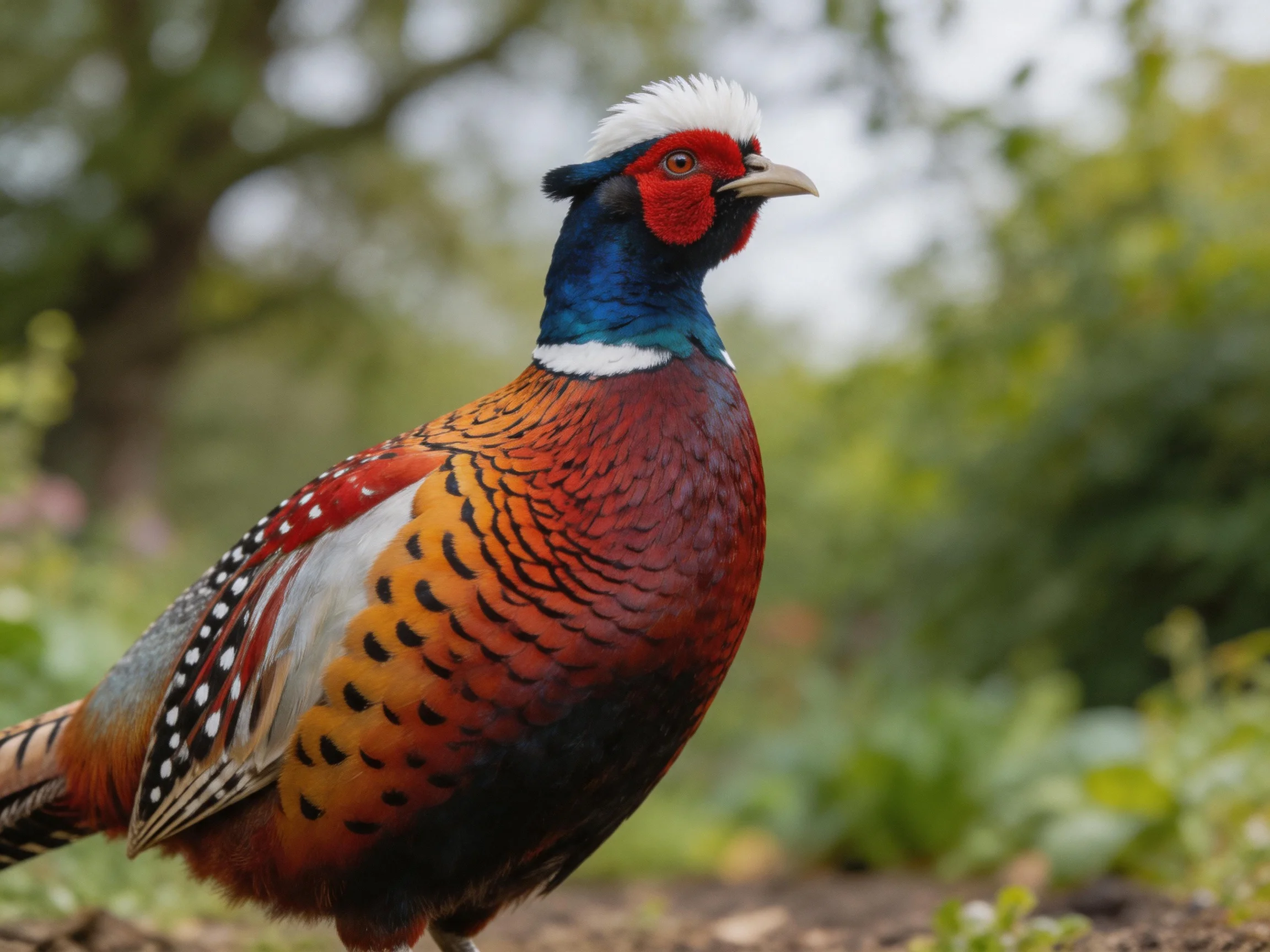A vibrantly colored pheasant with multicolored plumage