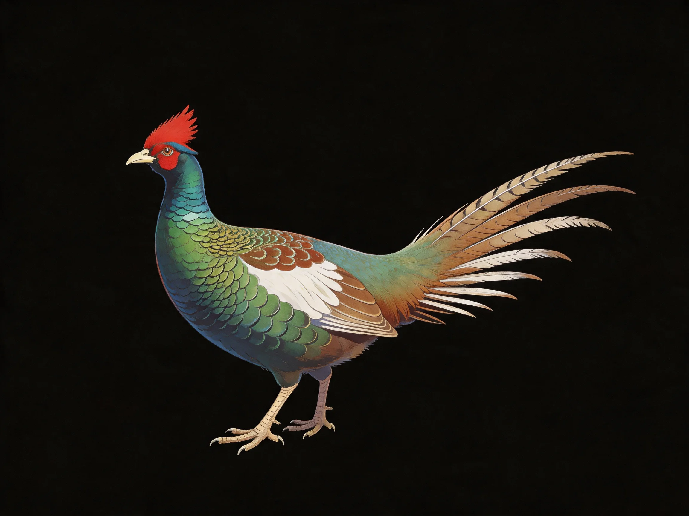 A vibrantly colored pheasant with red crest, green body, and long brown-tipped tail