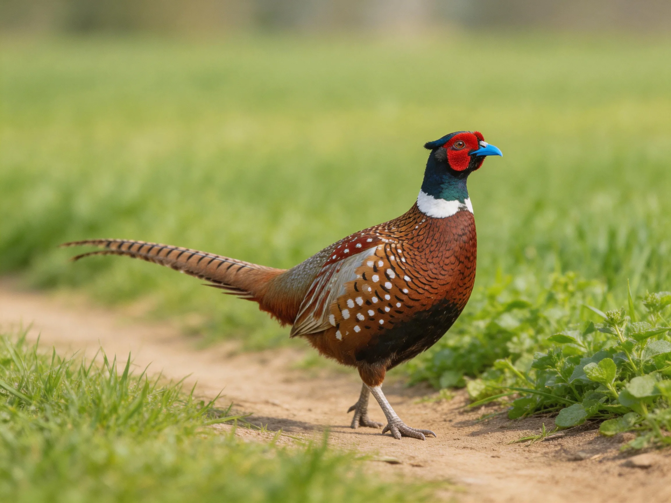A vibrantly colored pheasant with red head, blue beak, and spotted brown feathers