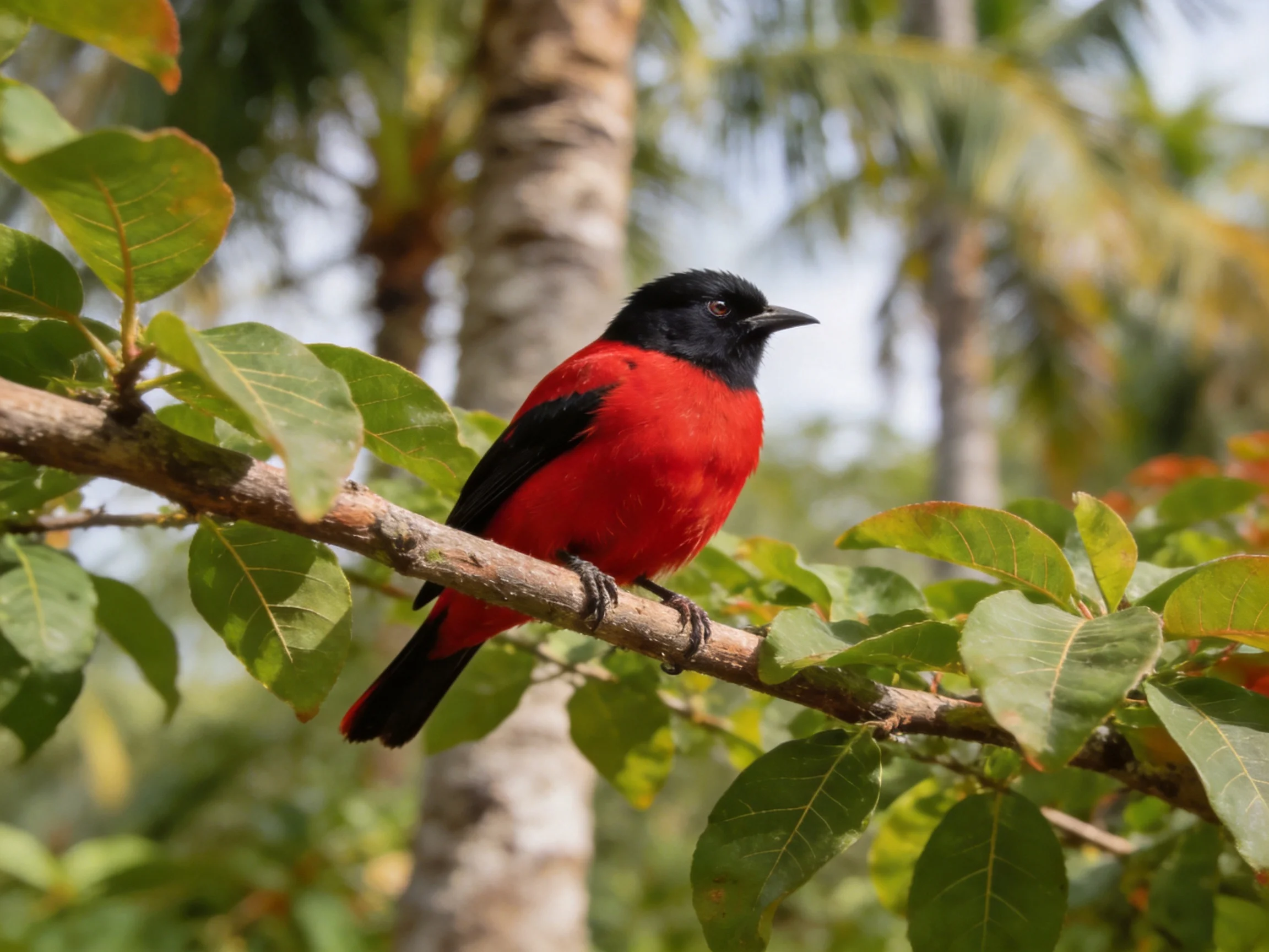 A vibrantly colored red and black bird perches on a leafy branch
