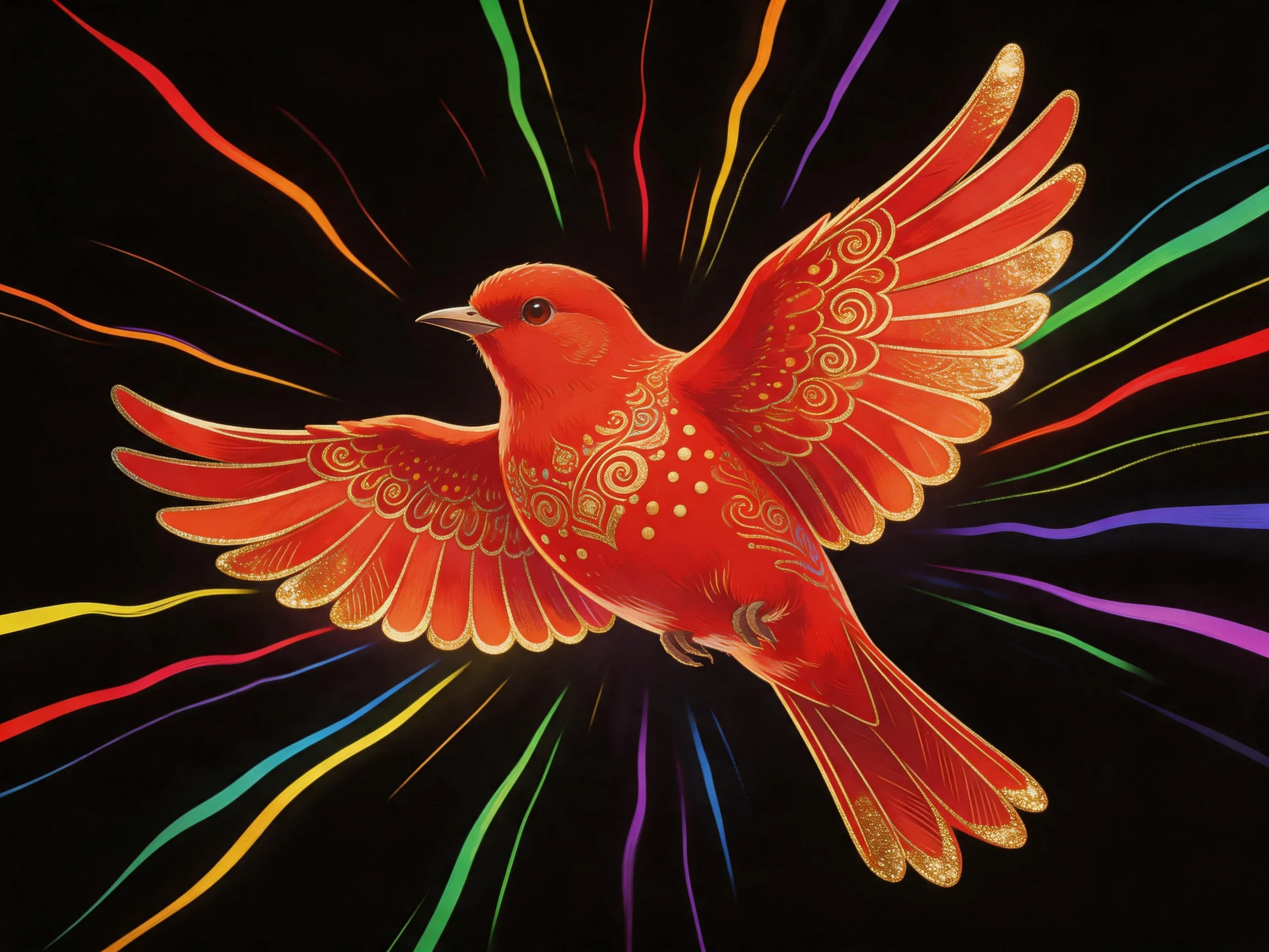 A vibrantly colored red bird with golden patterns flies among multicolored streaks