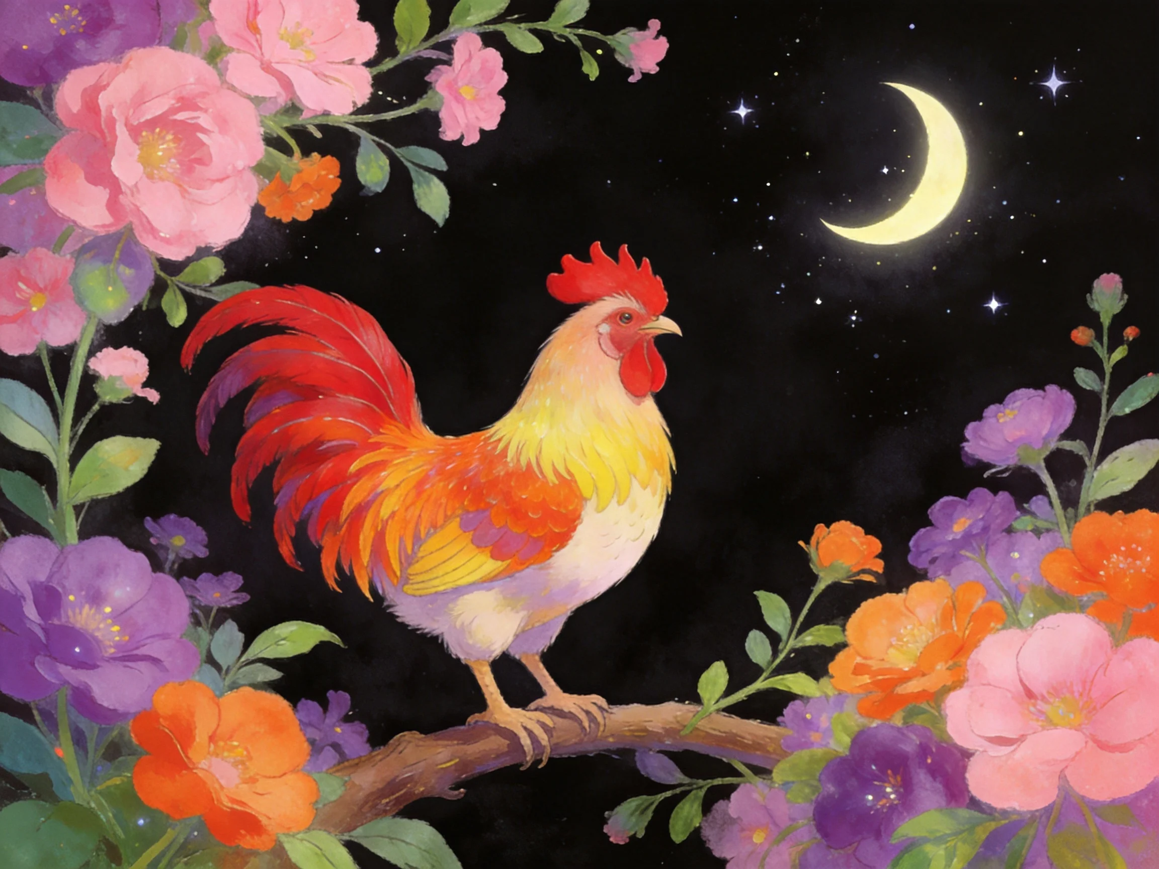 A vibrantly colored rooster perched among multicolored flowers under moonlit sky