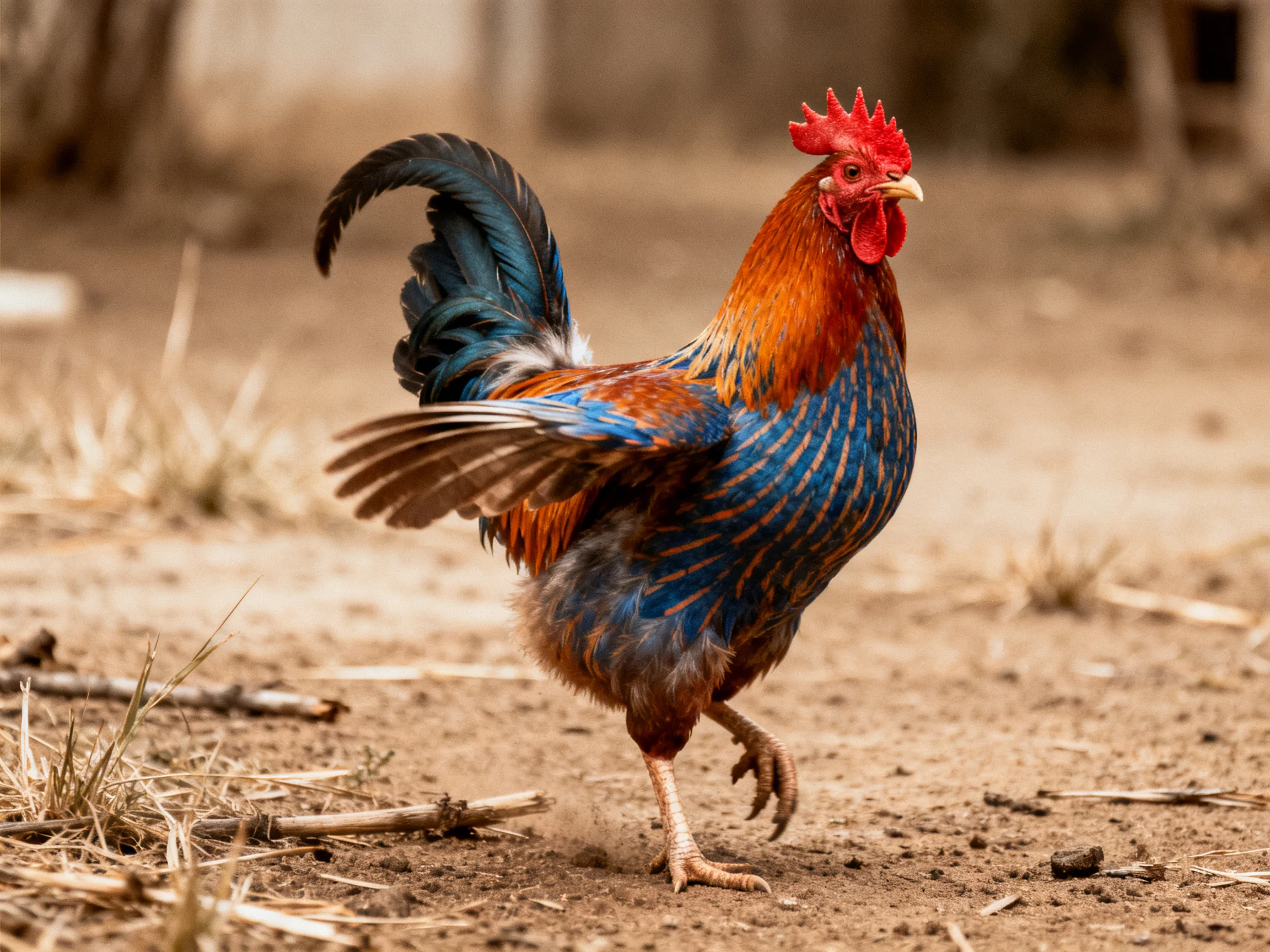 A vibrantly colored rooster with red comb and multicolored plumage