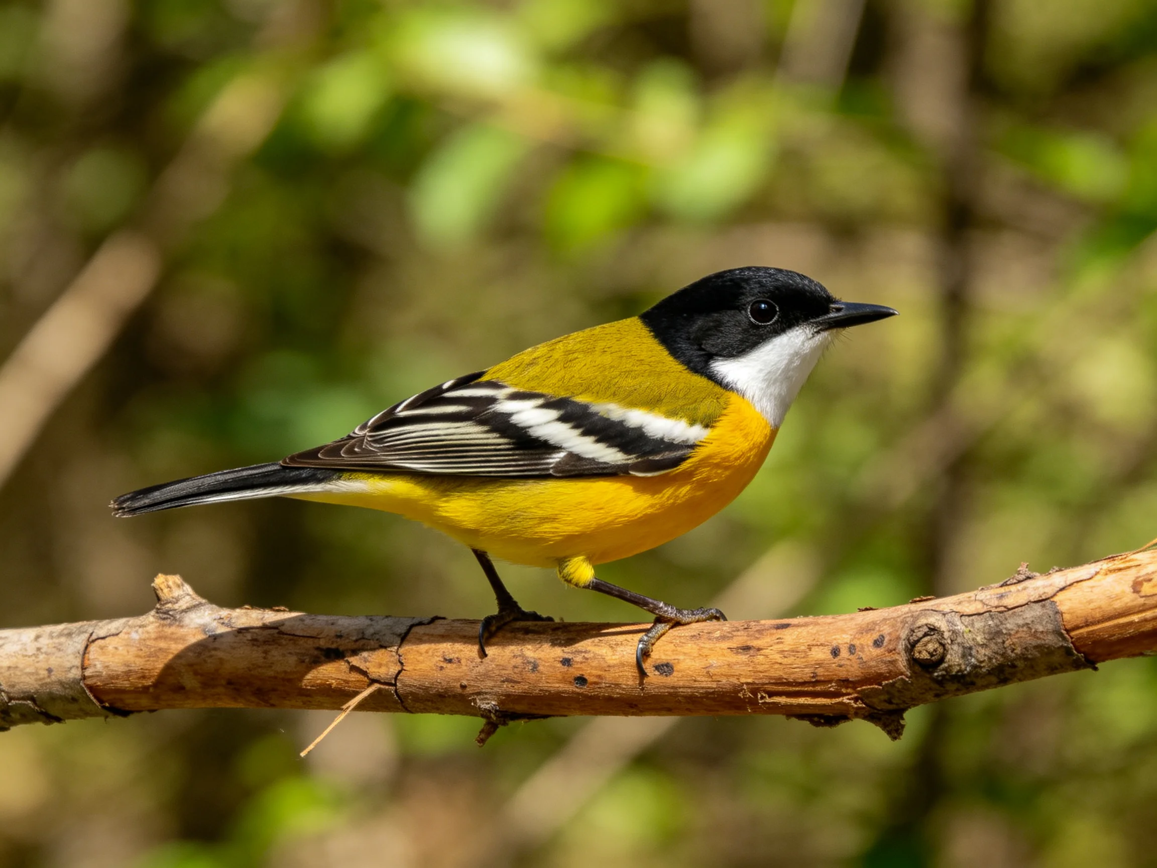 A vibrantly colored small bird perched on a brown branch
