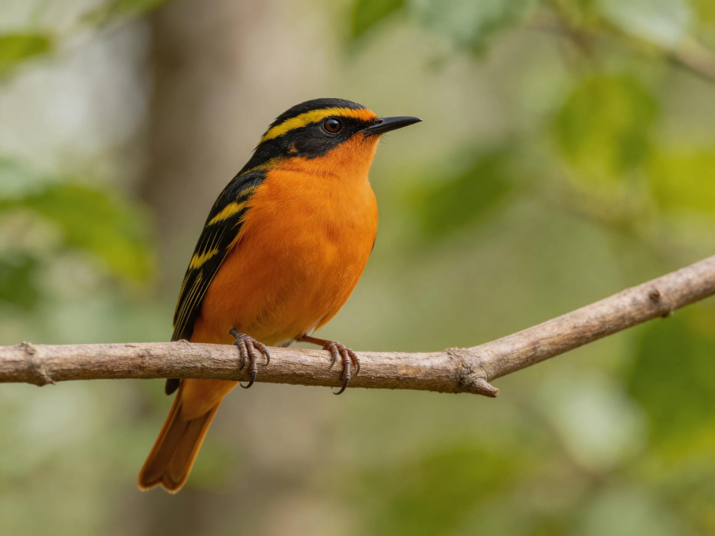 A vibrantly colored small bird with orange chest and black-yellow wings