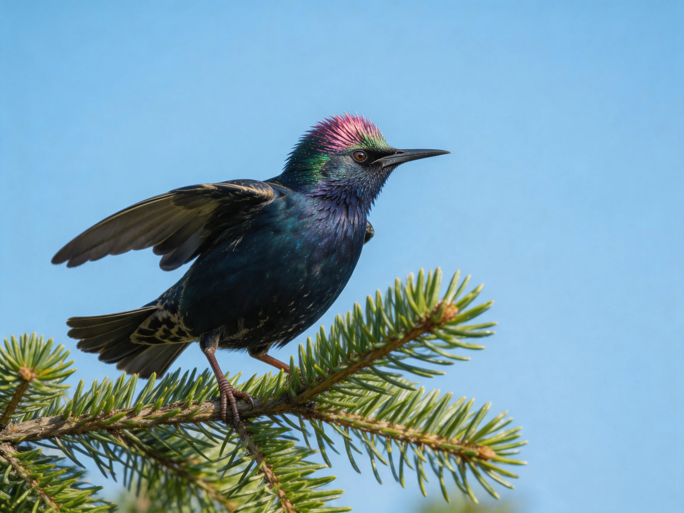 A vibrantly colored starling with iridescent plumage perches on a pine branch