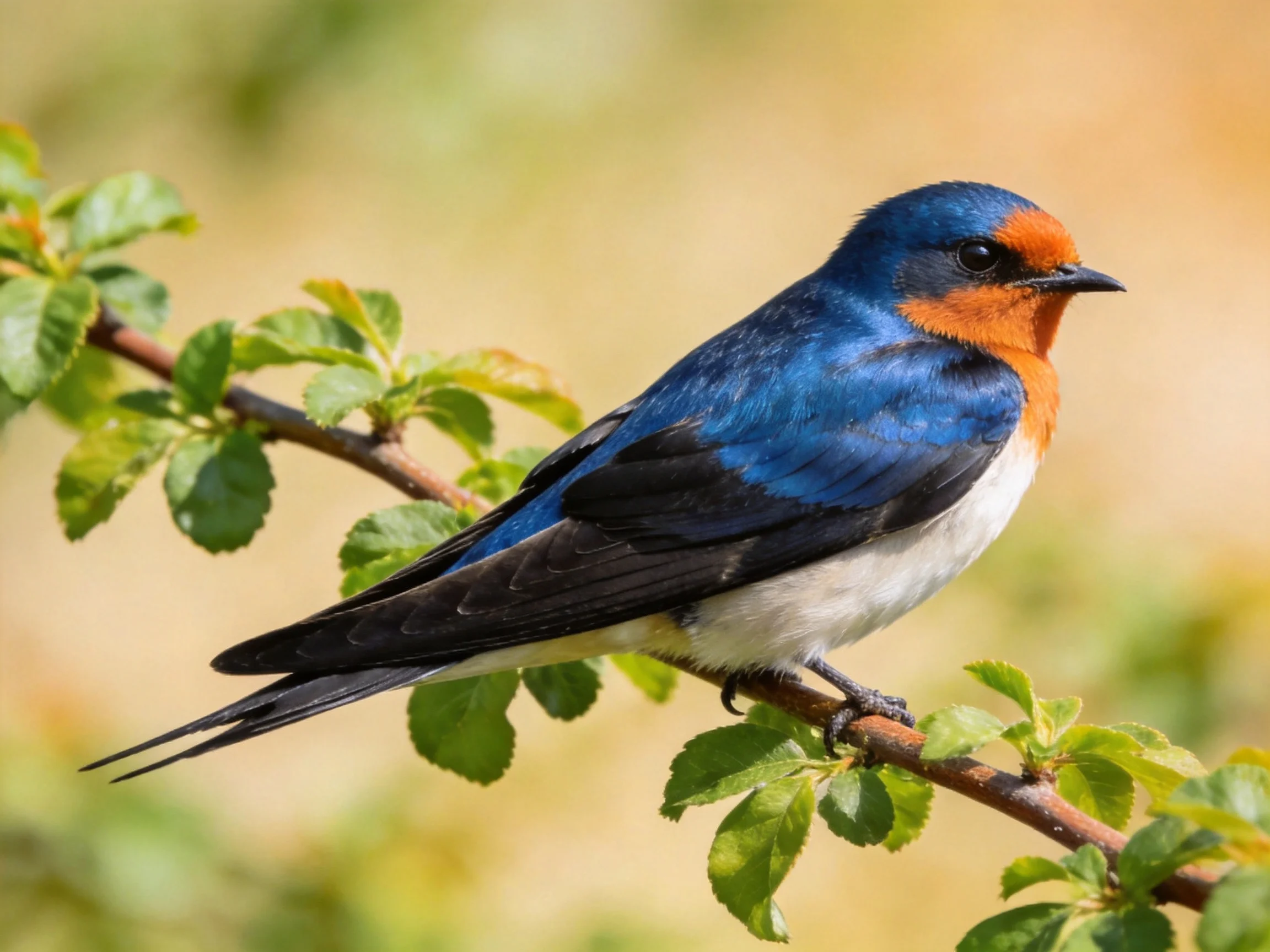 A vibrantly colored swallow perched on a leafy branch