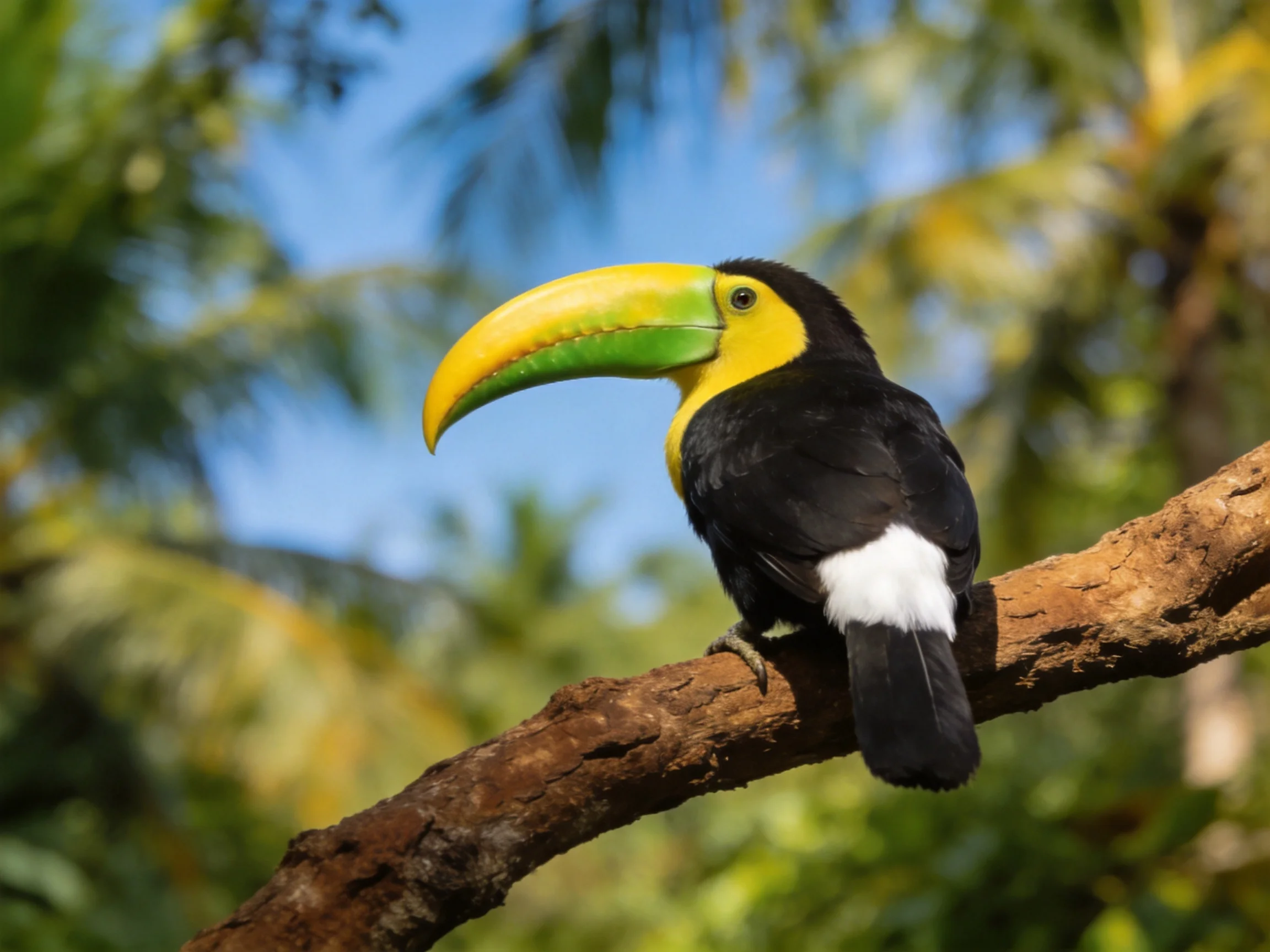 A vibrantly colored toucan with a large multicolored beak perched on a tree branch