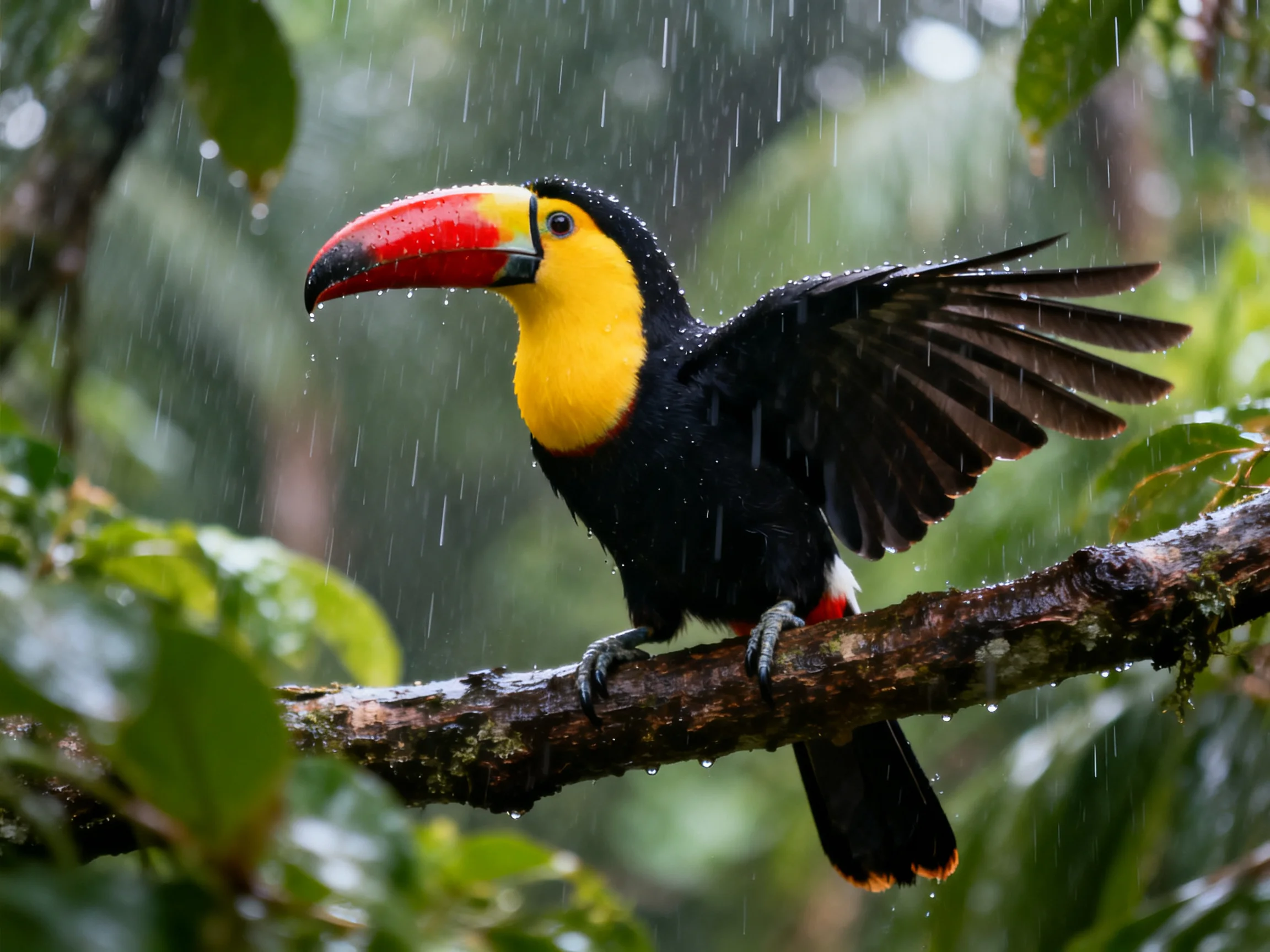 A vibrantly colored toucan with a large red beak perches on a branch in rain.