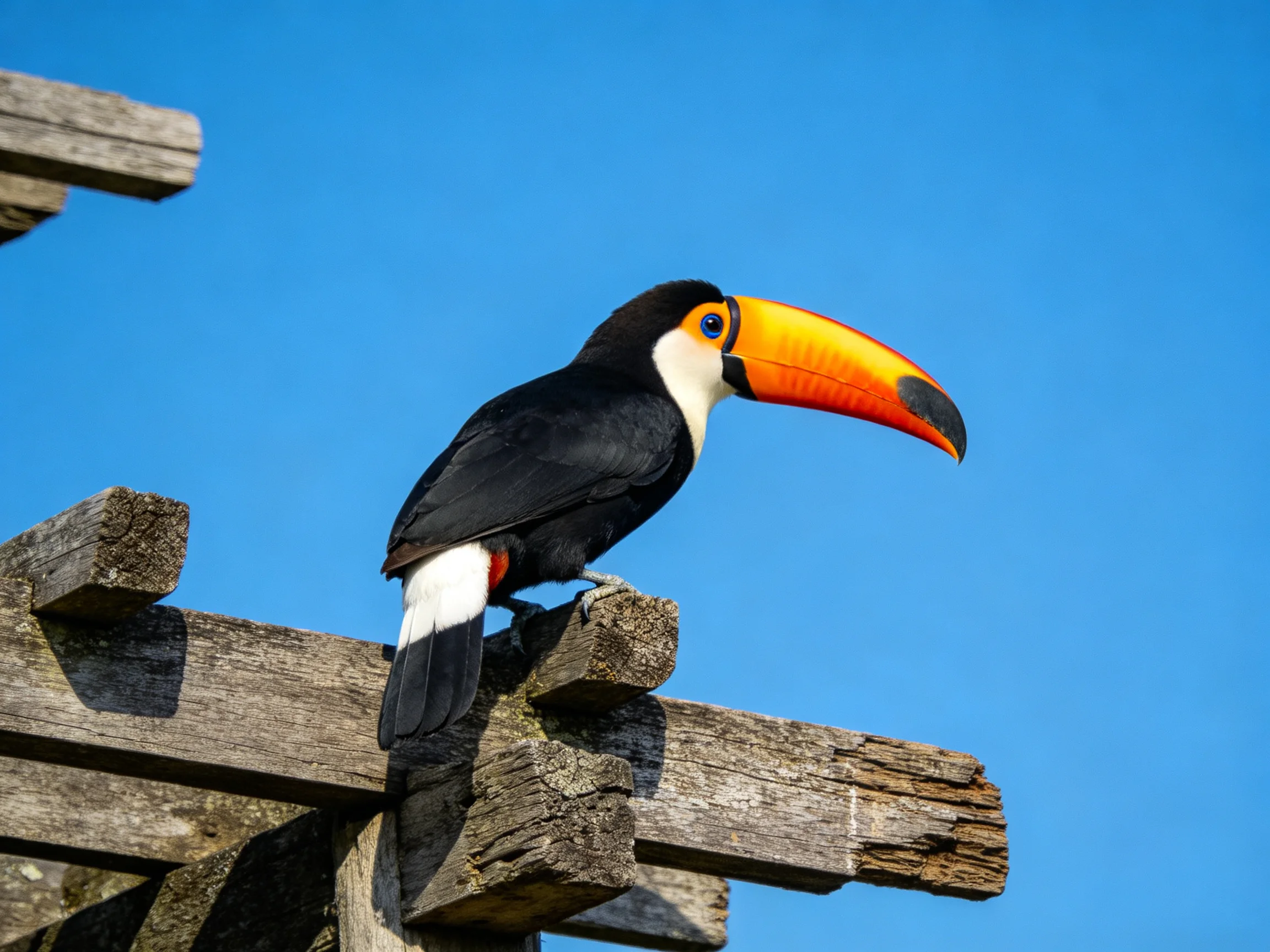 A vibrantly colored toucan with an orange beak perches on aged wood