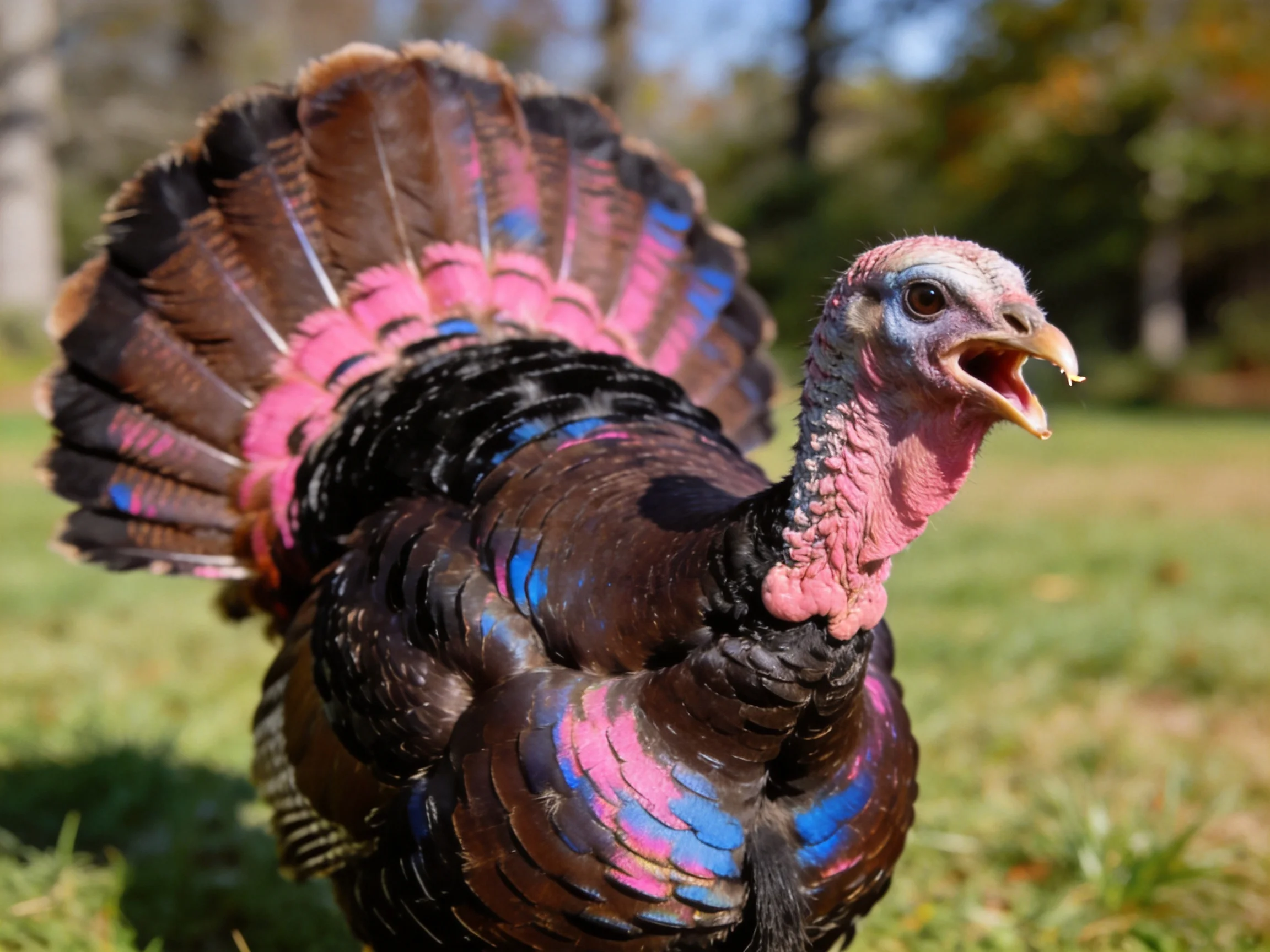 A vibrantly colored wild turkey displaying multicolored plumage outdoors