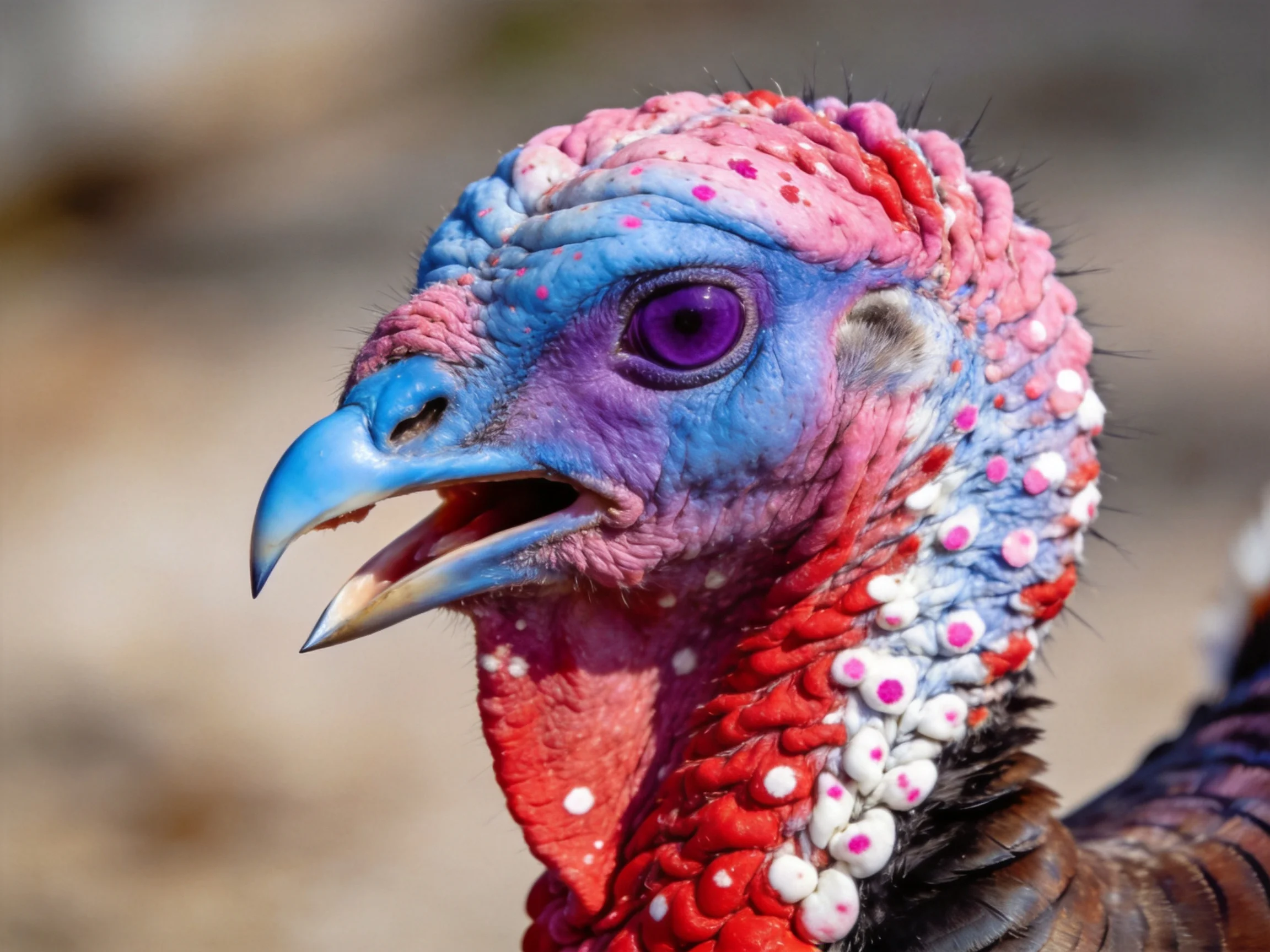 A vibrantly colored wild turkey head with pink, blue, and red plumage