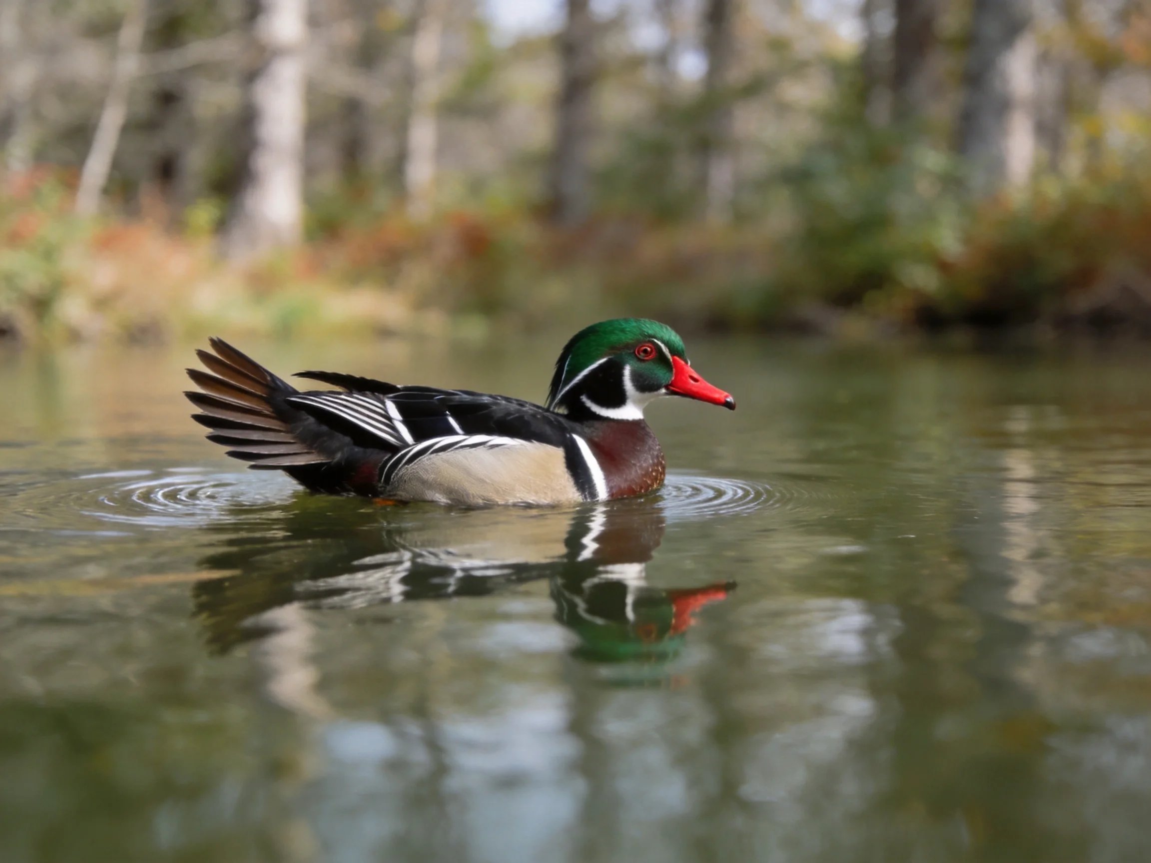 A vibrantly colored wood duck swims in calm water near trees