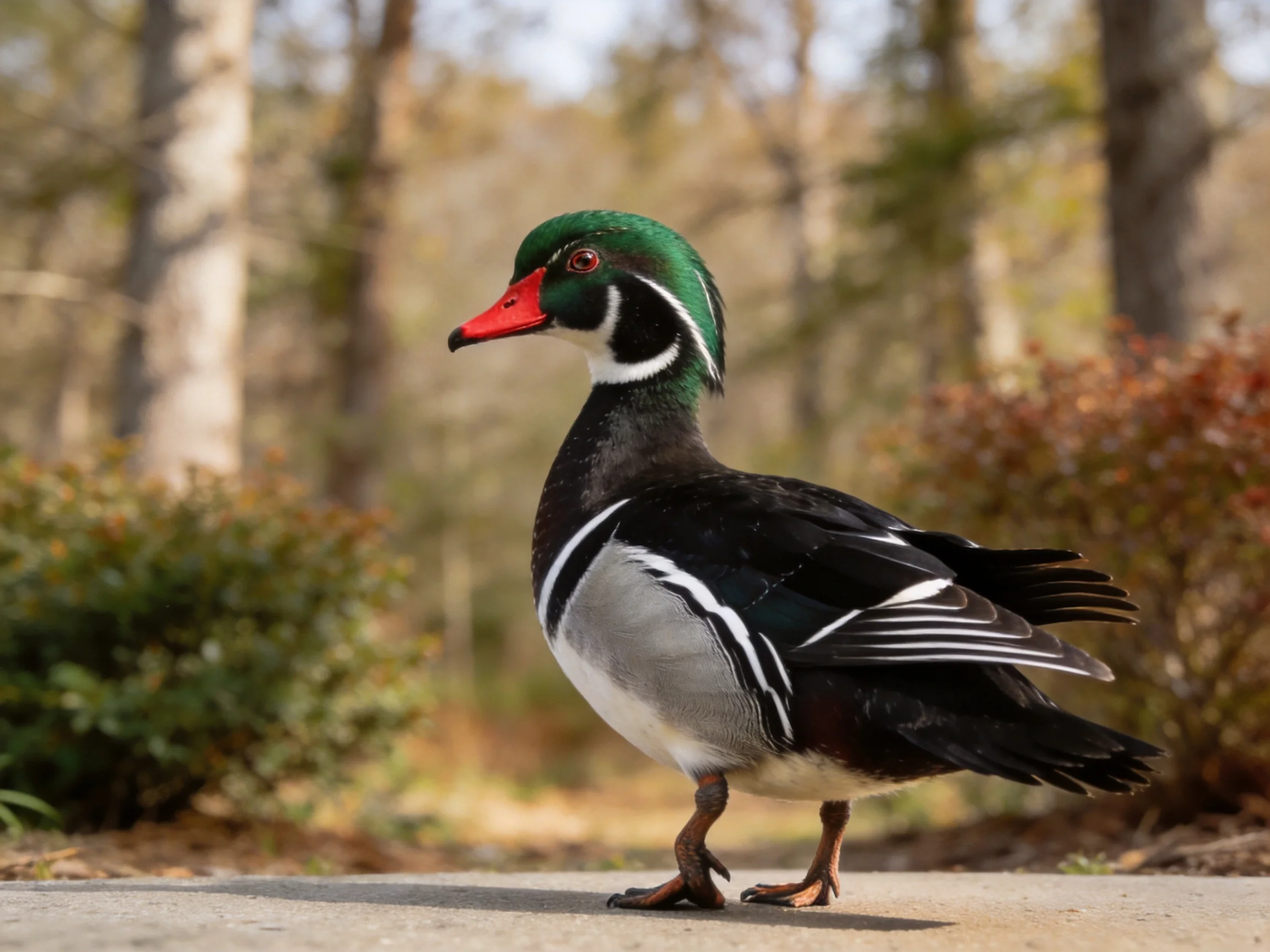 A vibrantly colored wood duck with green head, red beak, black wings