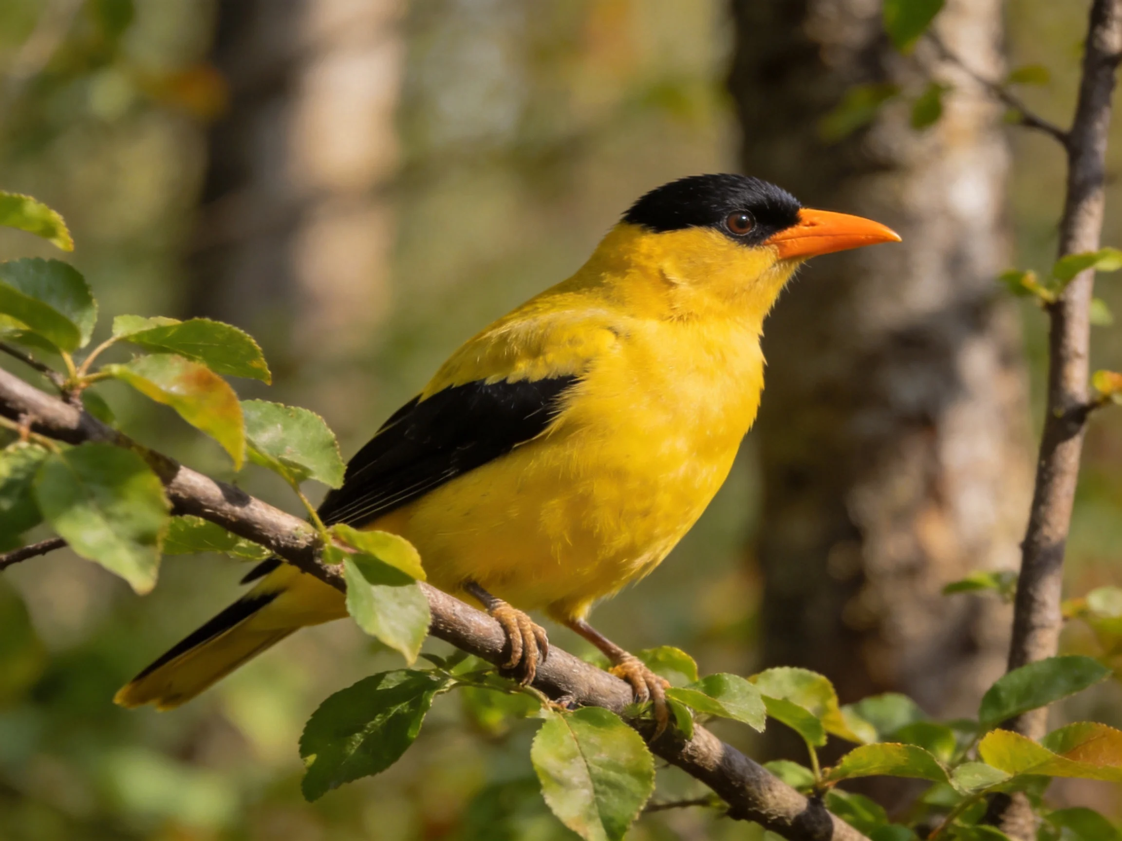 A vibrantly colored yellow bird with black wings perched on a leafy branch
