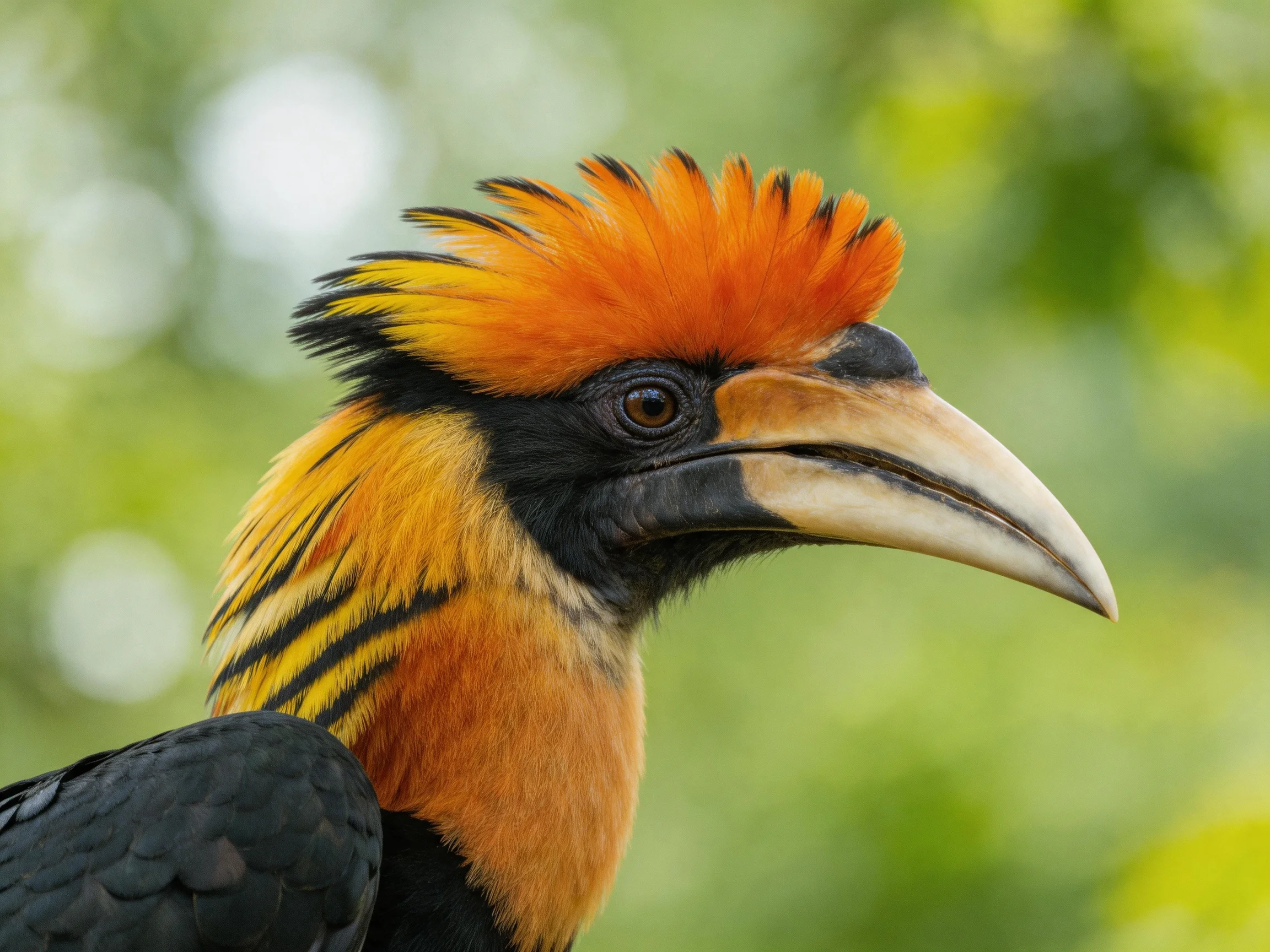 A vibrantly crested hornbill with orange, yellow, and black plumage