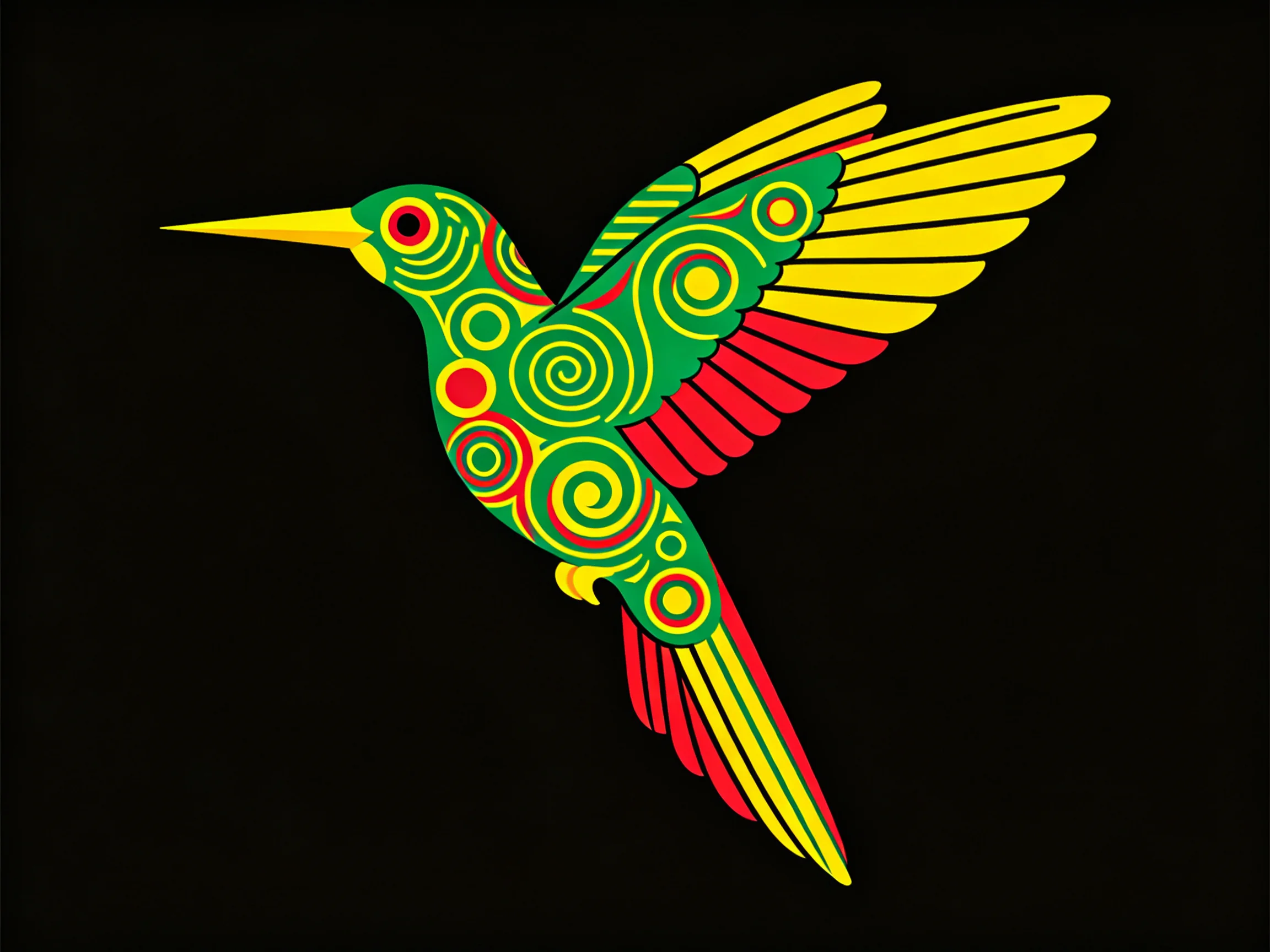 A vibrantly decorated hummingbird with circular and spiral designs