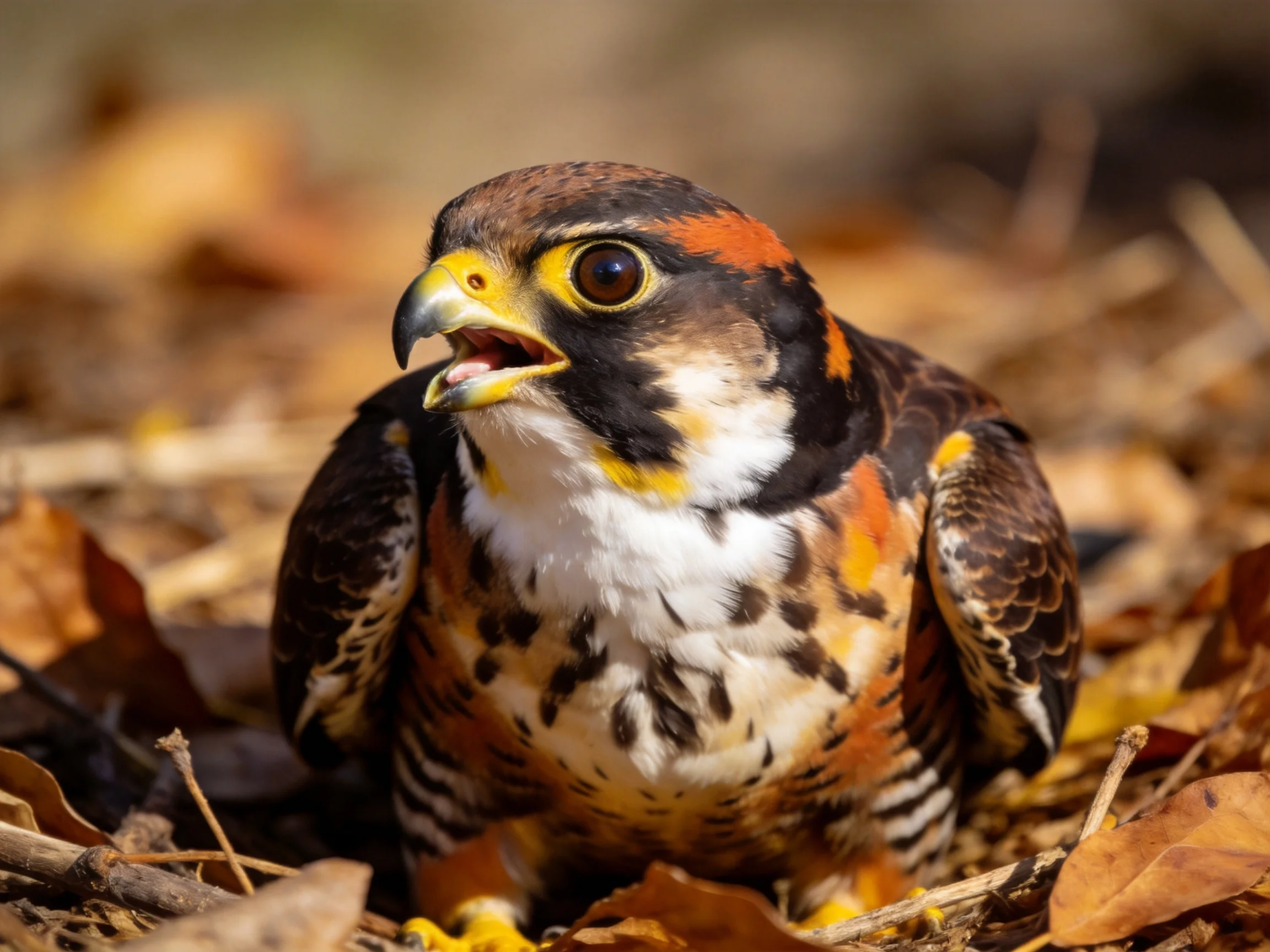 A vibrantly marked young falcon resting among golden autumn leaves