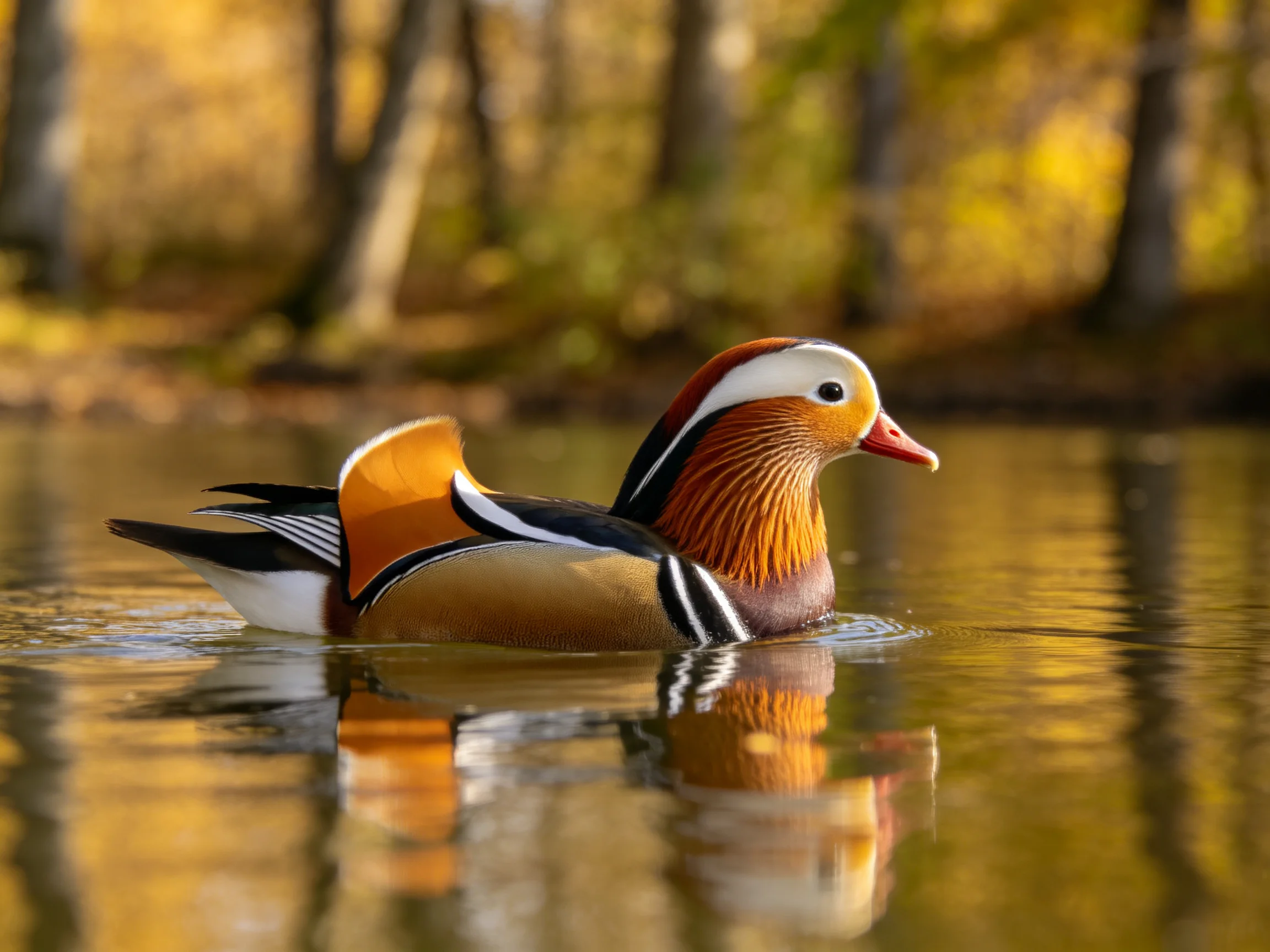 A vibrantly patterned mandarin duck swimming in golden-hued waters