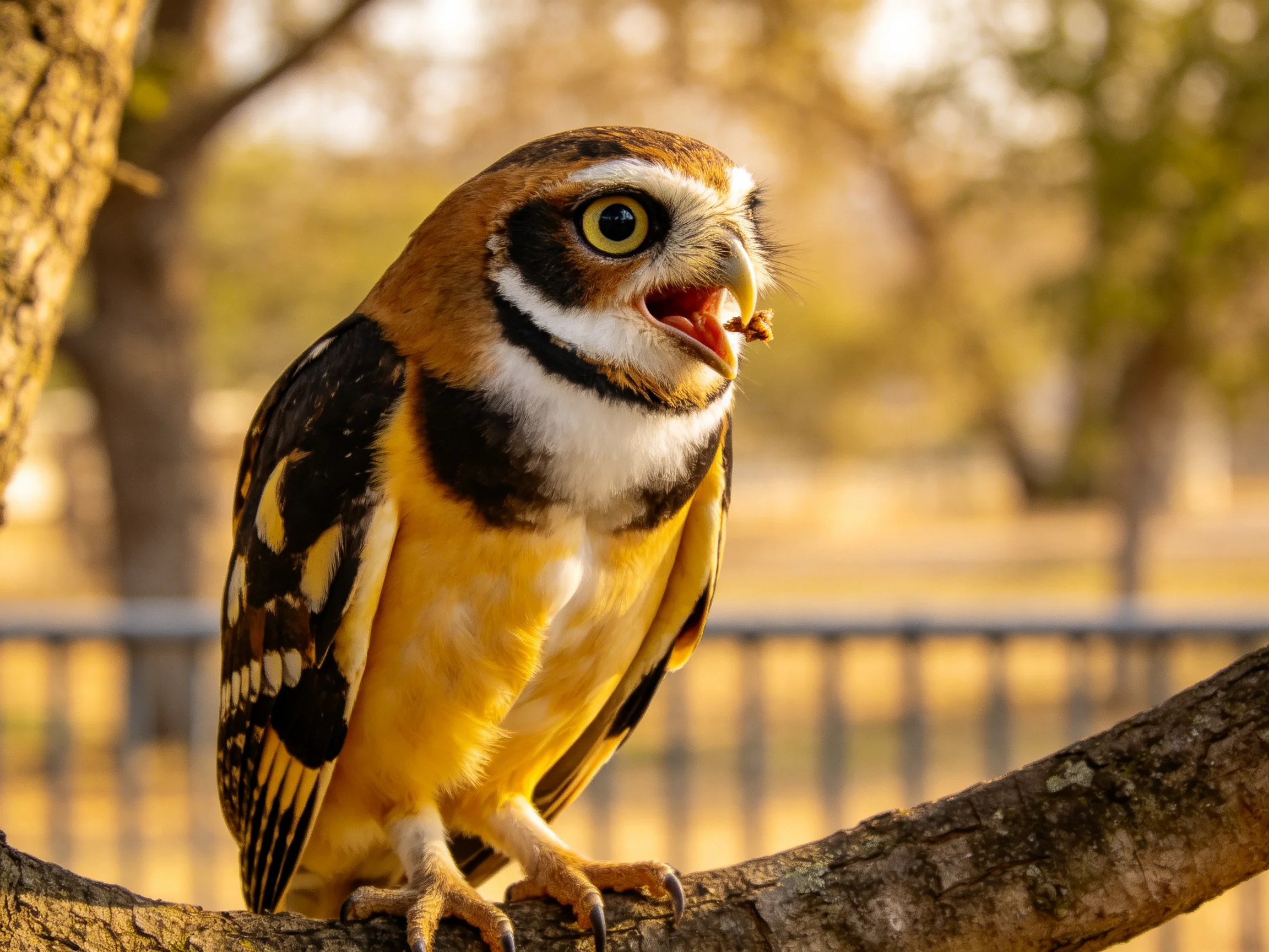 A vibrantly patterned owl with yellow underbelly perched on a tree branch