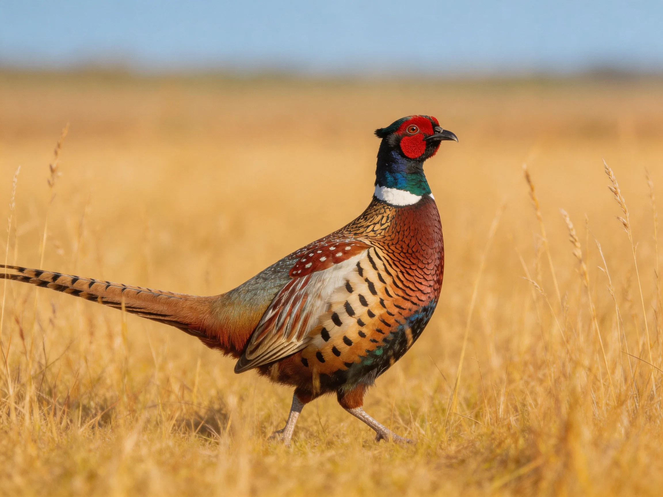 A vibrantly patterned pheasant walks through tall golden grass