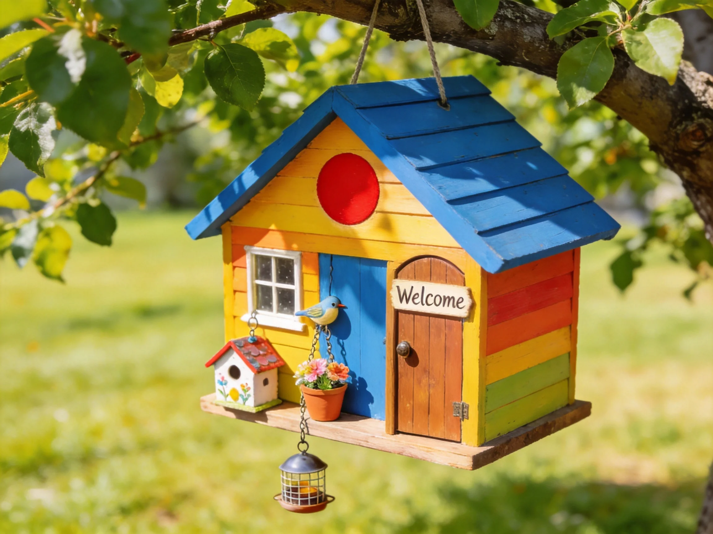 A colorful birdhouse with decorative elements hangs from a tree in a sunny outdoor setting.