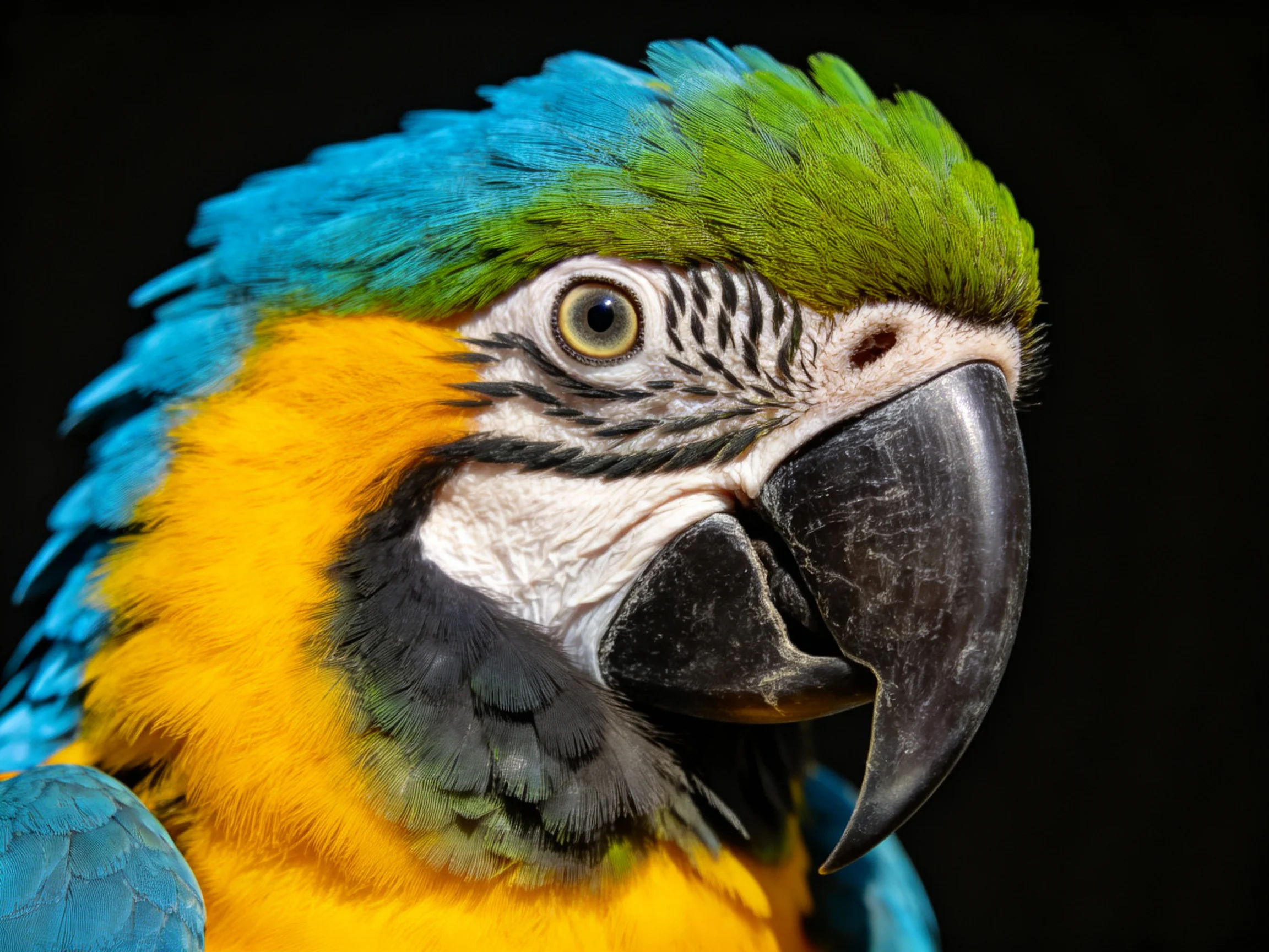 Close - up of a macaw with bright blue, green, and yellow feathers.