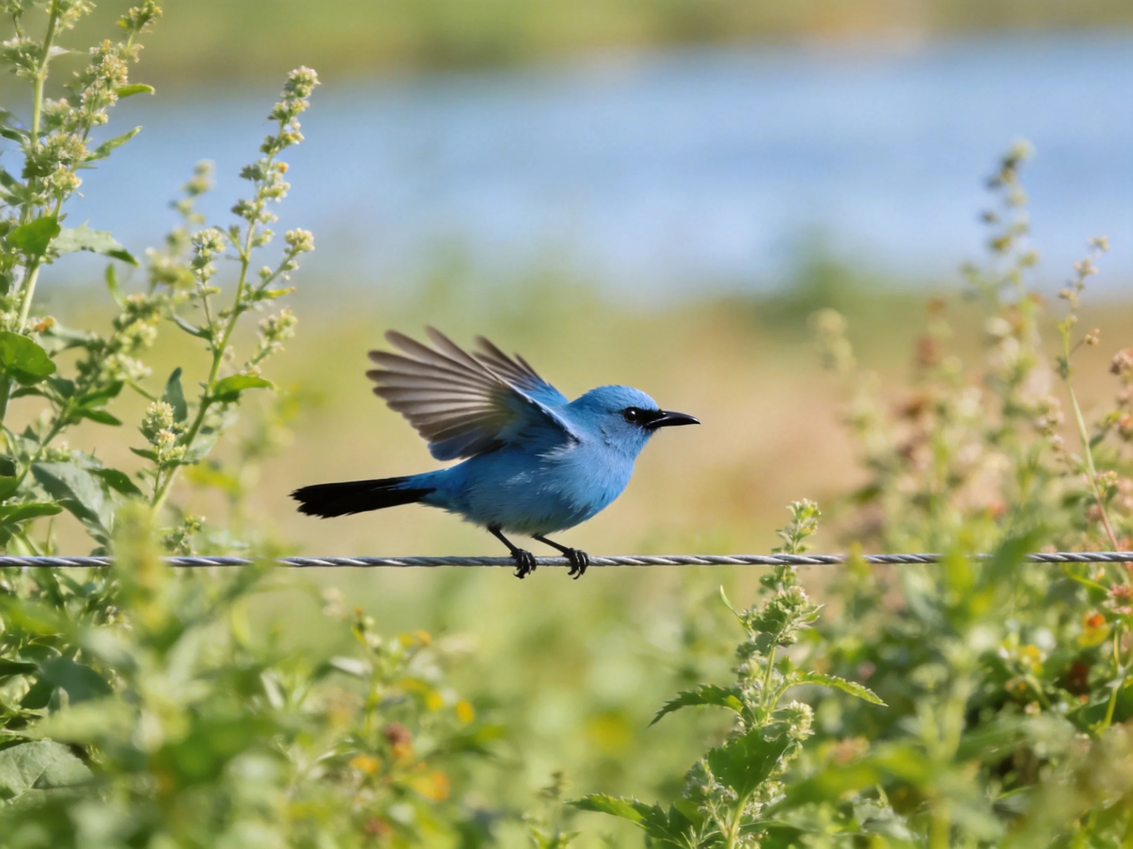 A vivid blue bird perched on a wire near lush plants