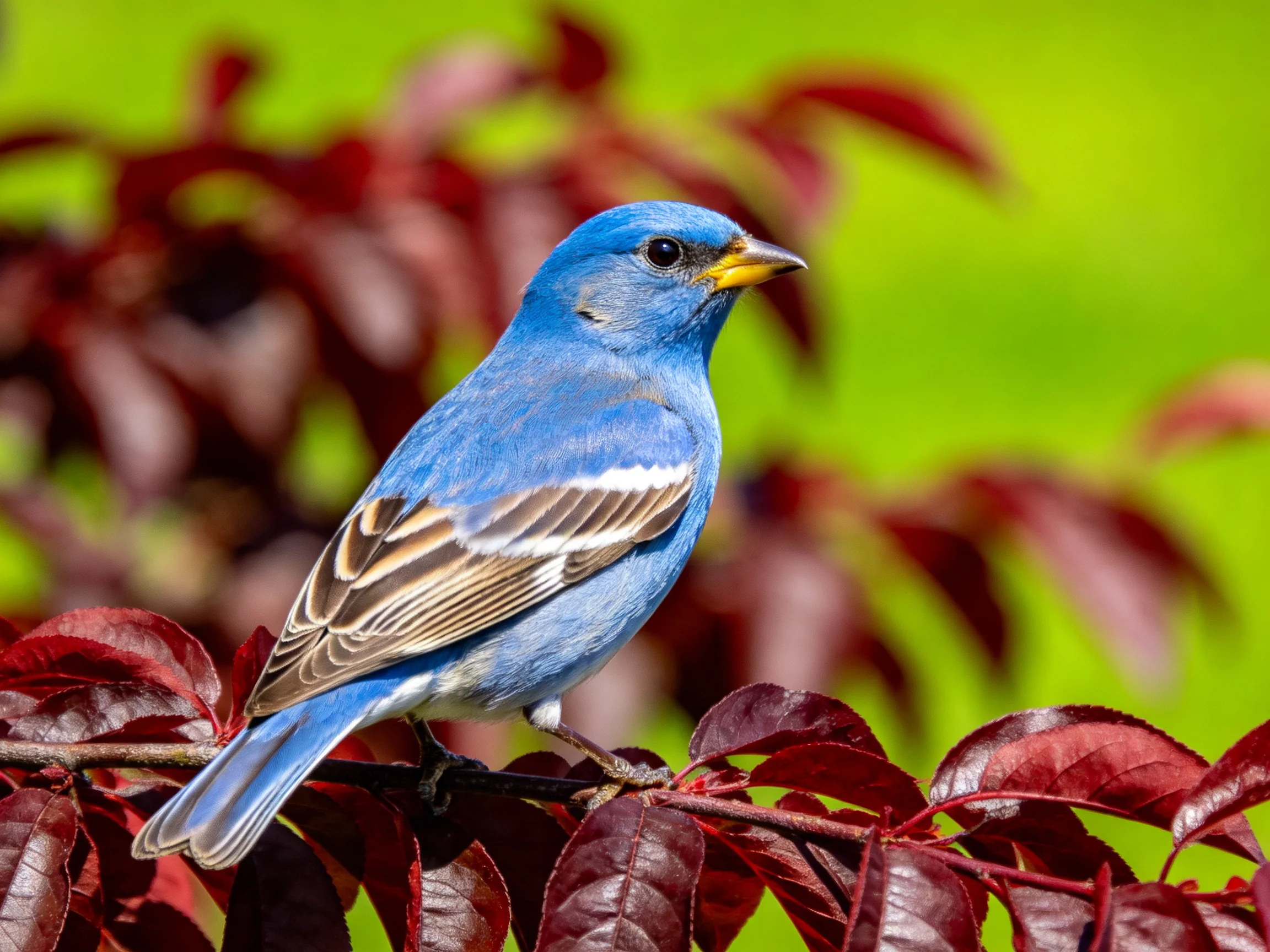 A vivid blue bird perched on deep red foliage with green backdrop