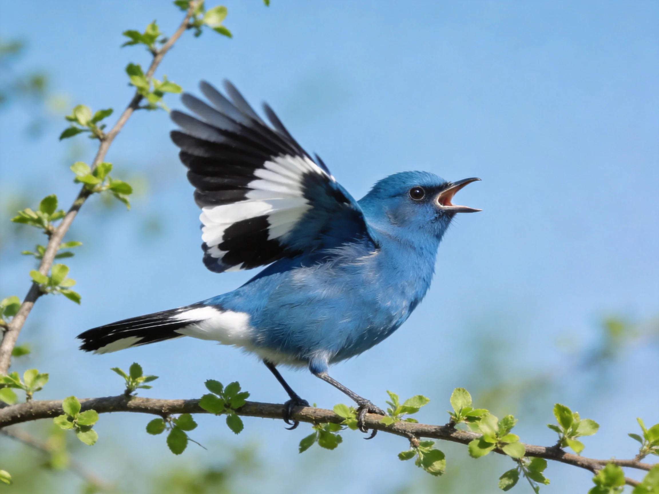 A vivid blue bird with black and white wings perched on a leafy branch