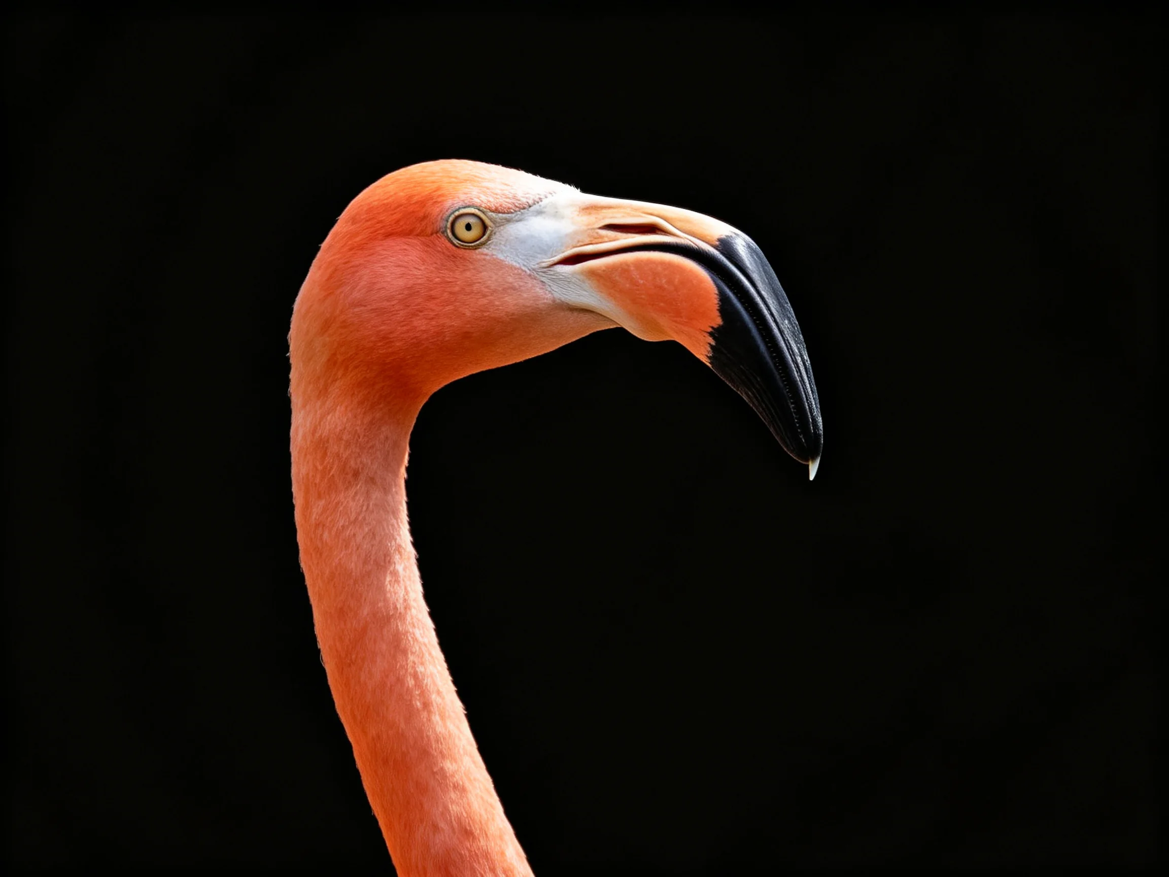 A vivid pink flamingo head with curved black beak against black backdrop