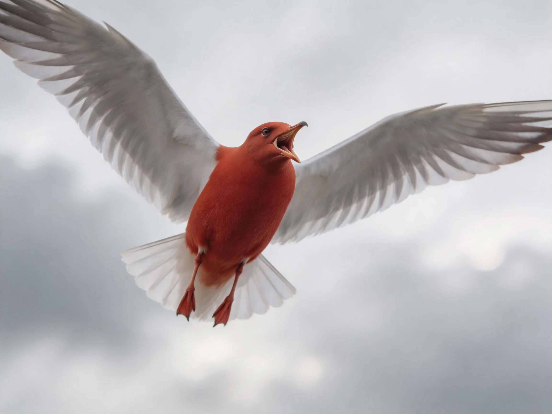 A vivid red bird flies with spread wings under a cloudy sky