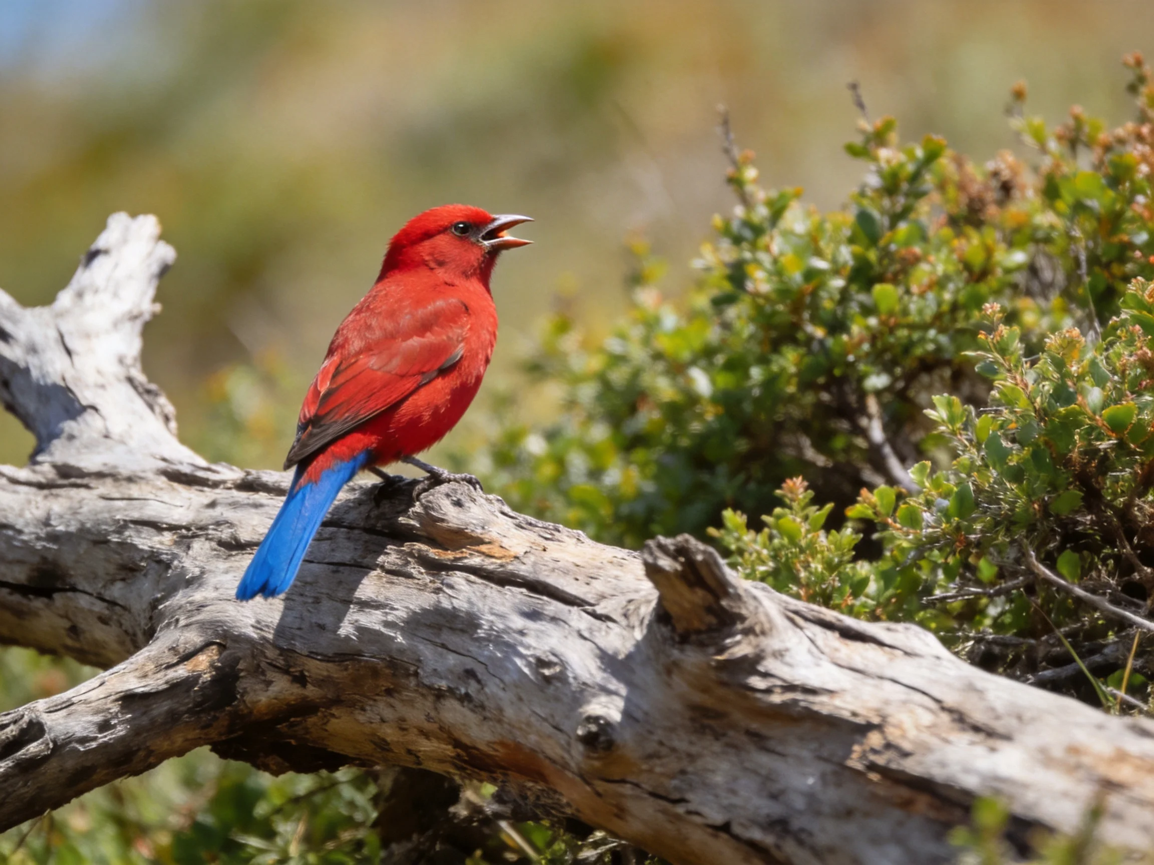 A vivid red bird with blue tail perches on a weathered log