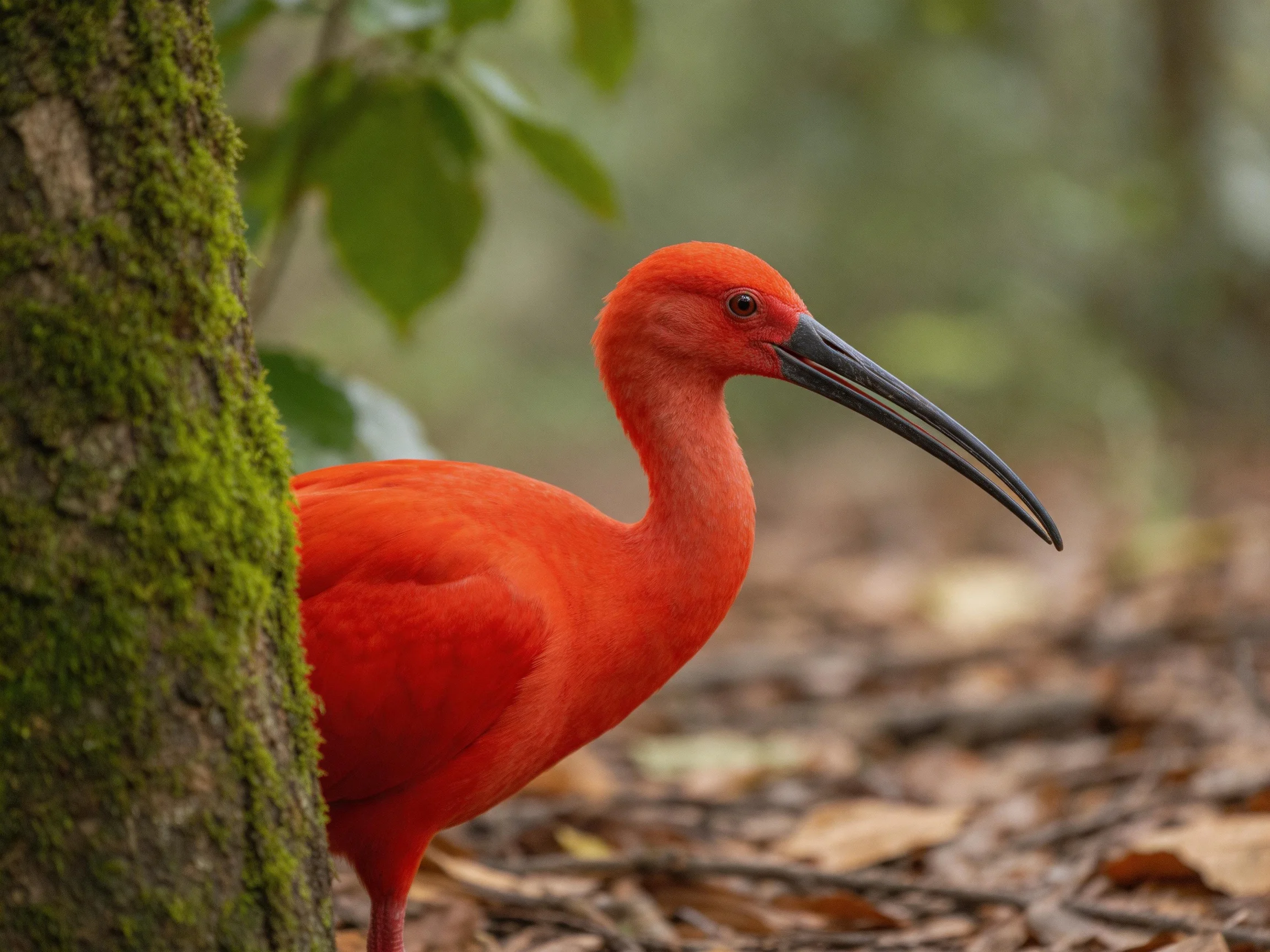 A vivid red ibis near a mossy tree trunk