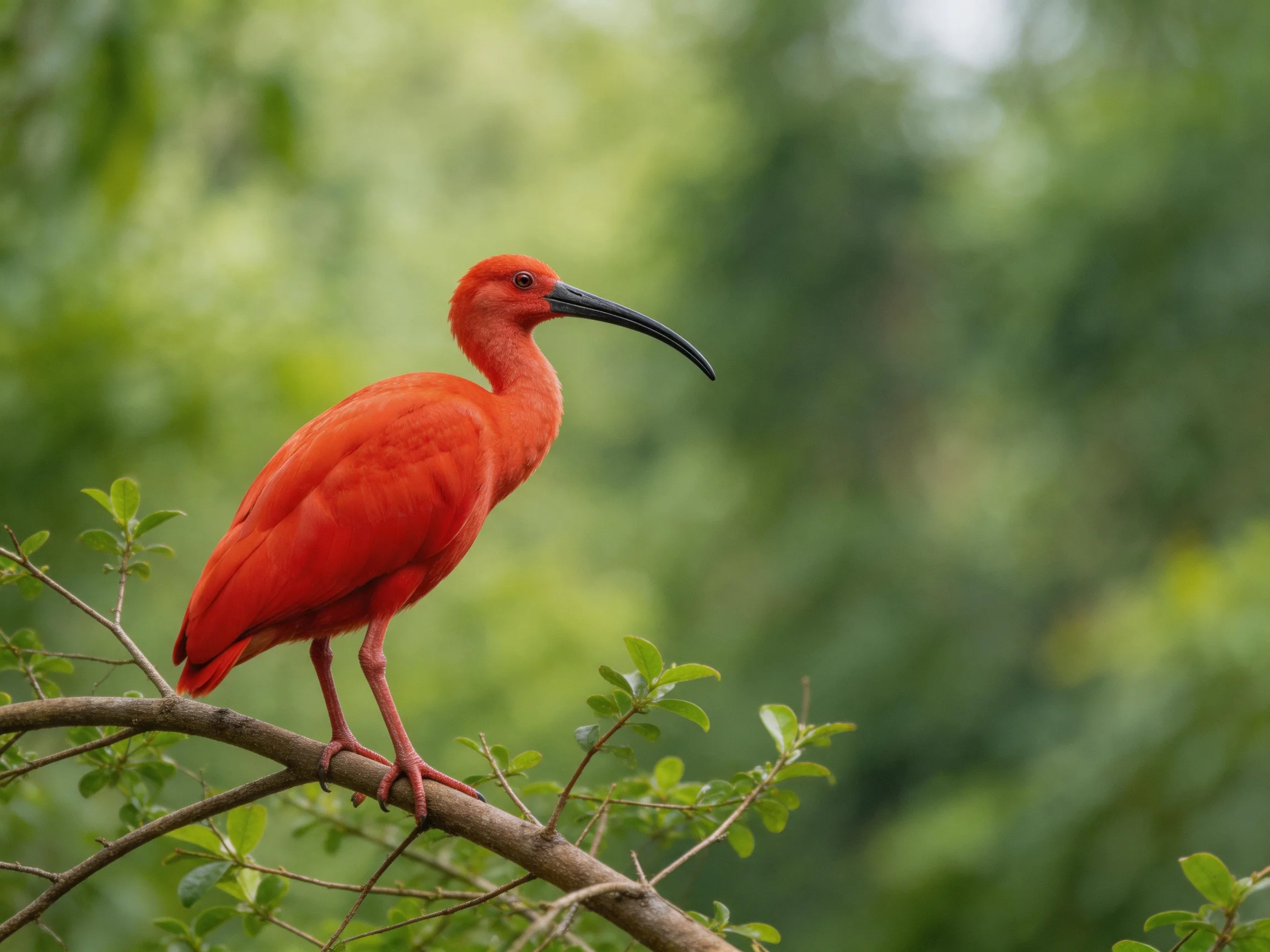 A vivid red ibis perched on a tree branch with green foliage