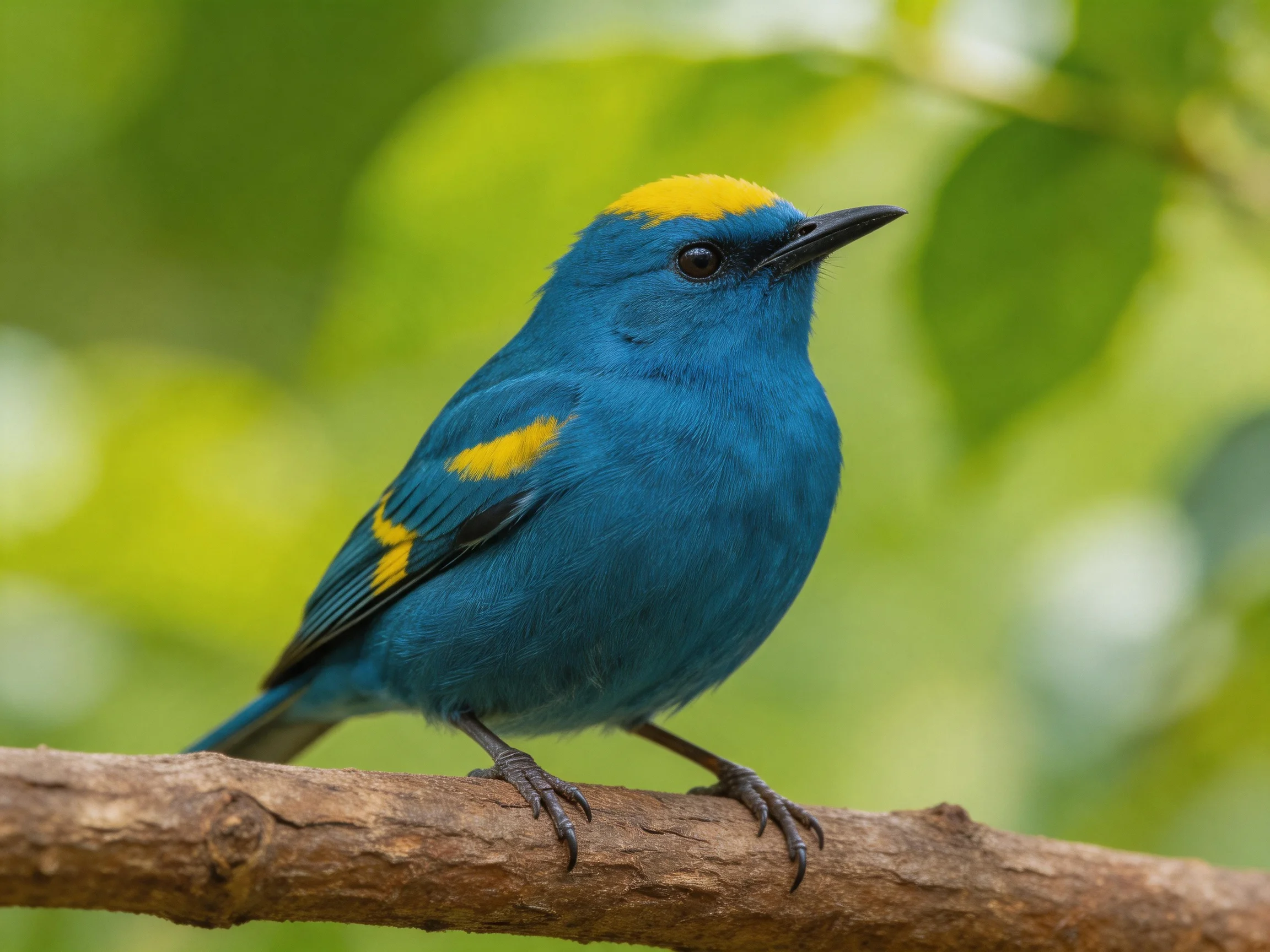 A vividly colored blue bird with yellow accents perched on a branch