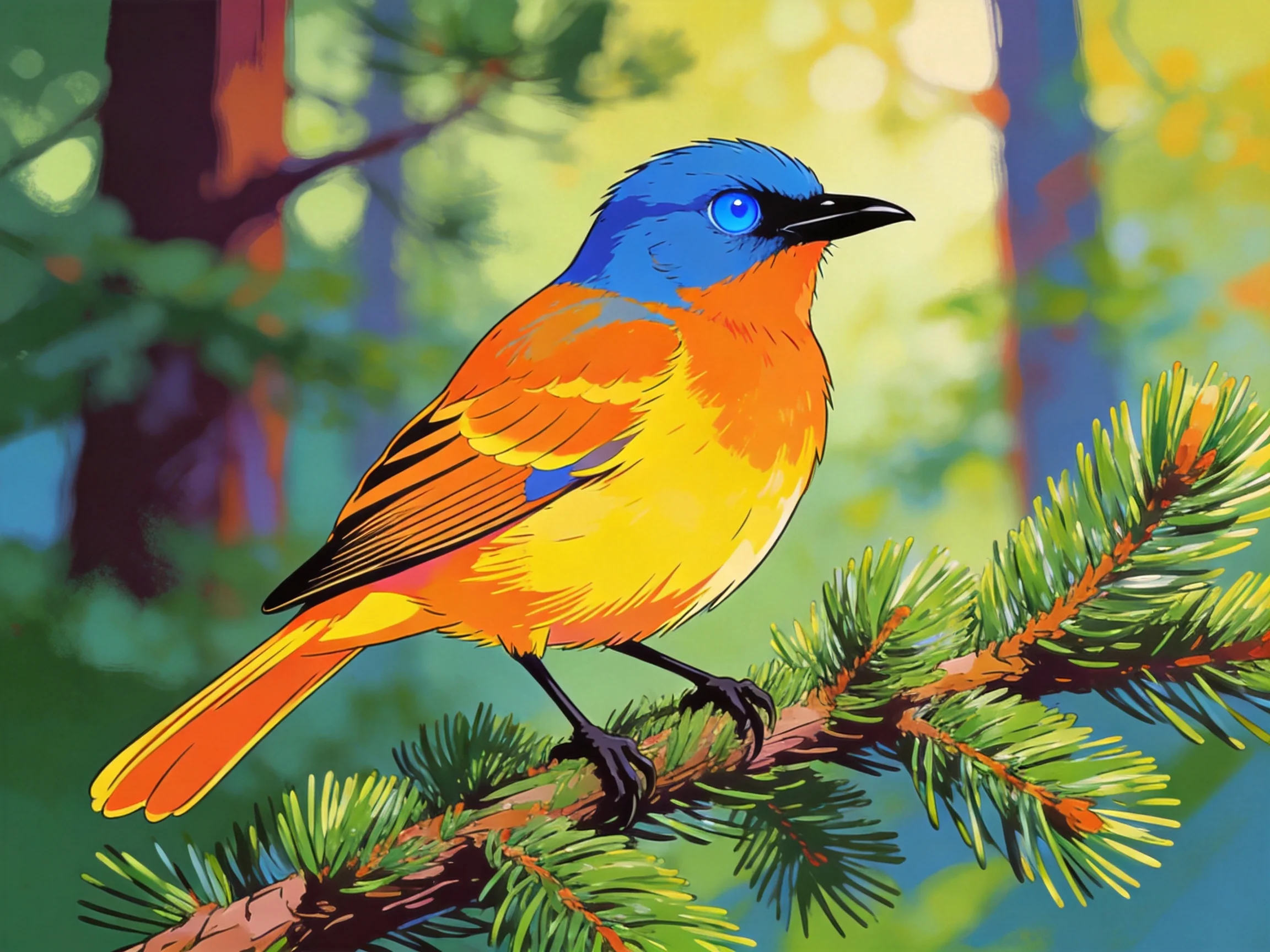 A vividly colored blue-headed orange-yellow bird perched on a pine branch