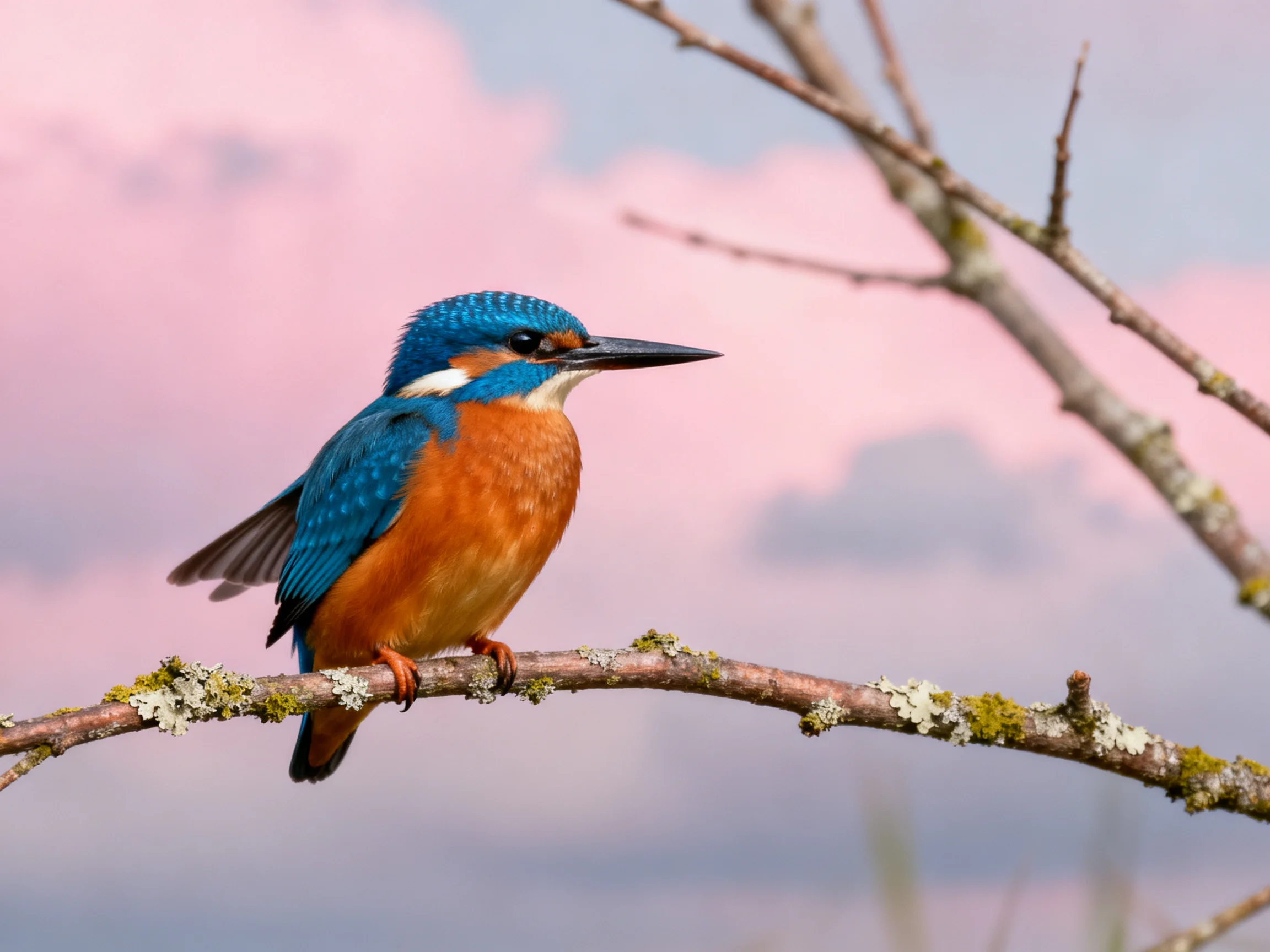 A vividly colored kingfisher perches on a lichen-covered branch