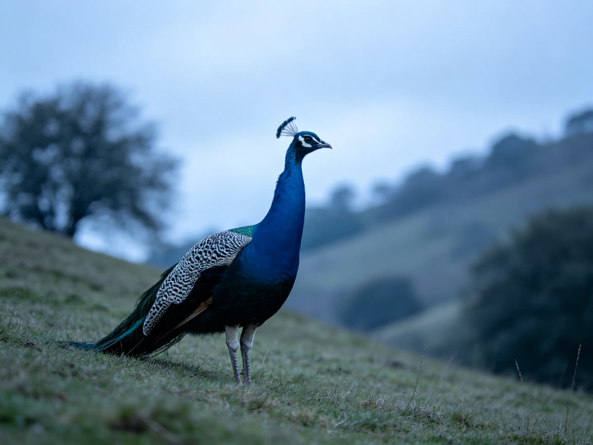 A vividly colored peacock stands on a grassy slope amid misty hills
